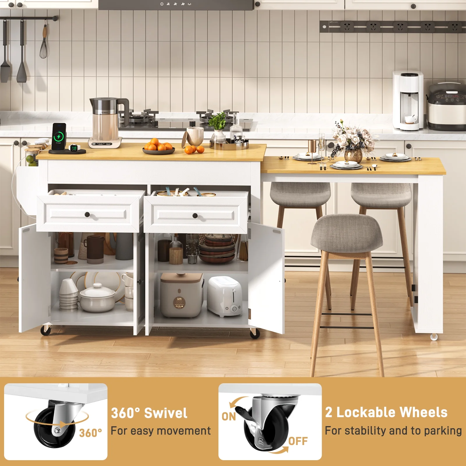 ANPOO Large Kitchen Island with Extendable Dining Table and Power Outlet, Rolling Kitchen Island Cart on Wheels with 2 Storage Cabinets & 2 Drawers & 3 Spice Racks, Island Table for Kitchen - Image 13