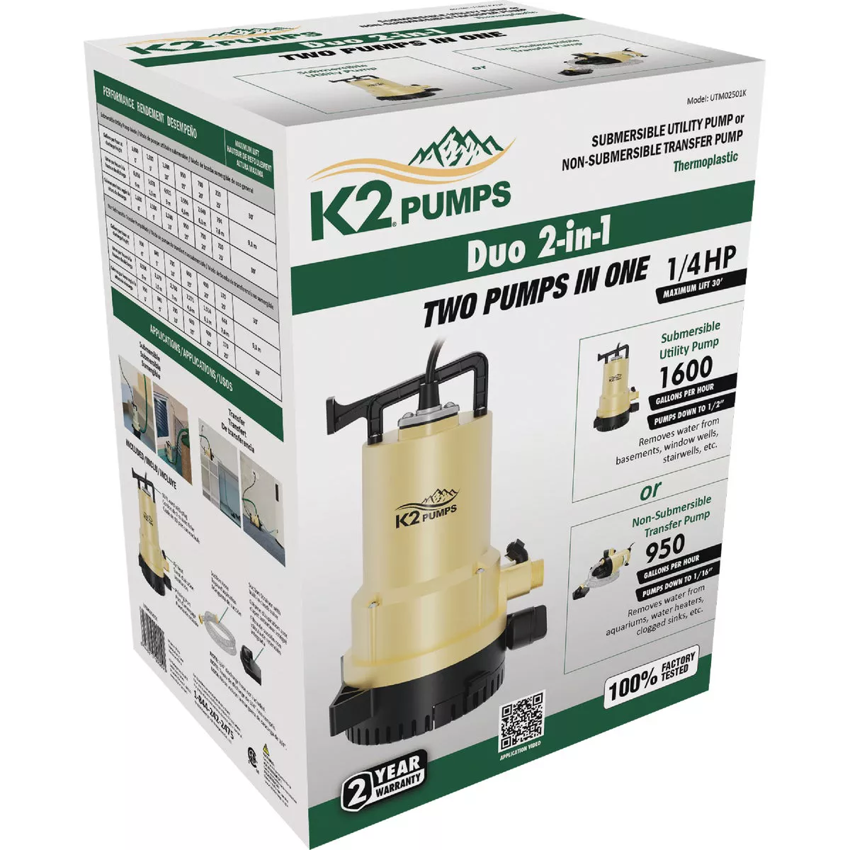 K2 1/4 HP 2-In-1 Submersible Utility & Transfer Pump