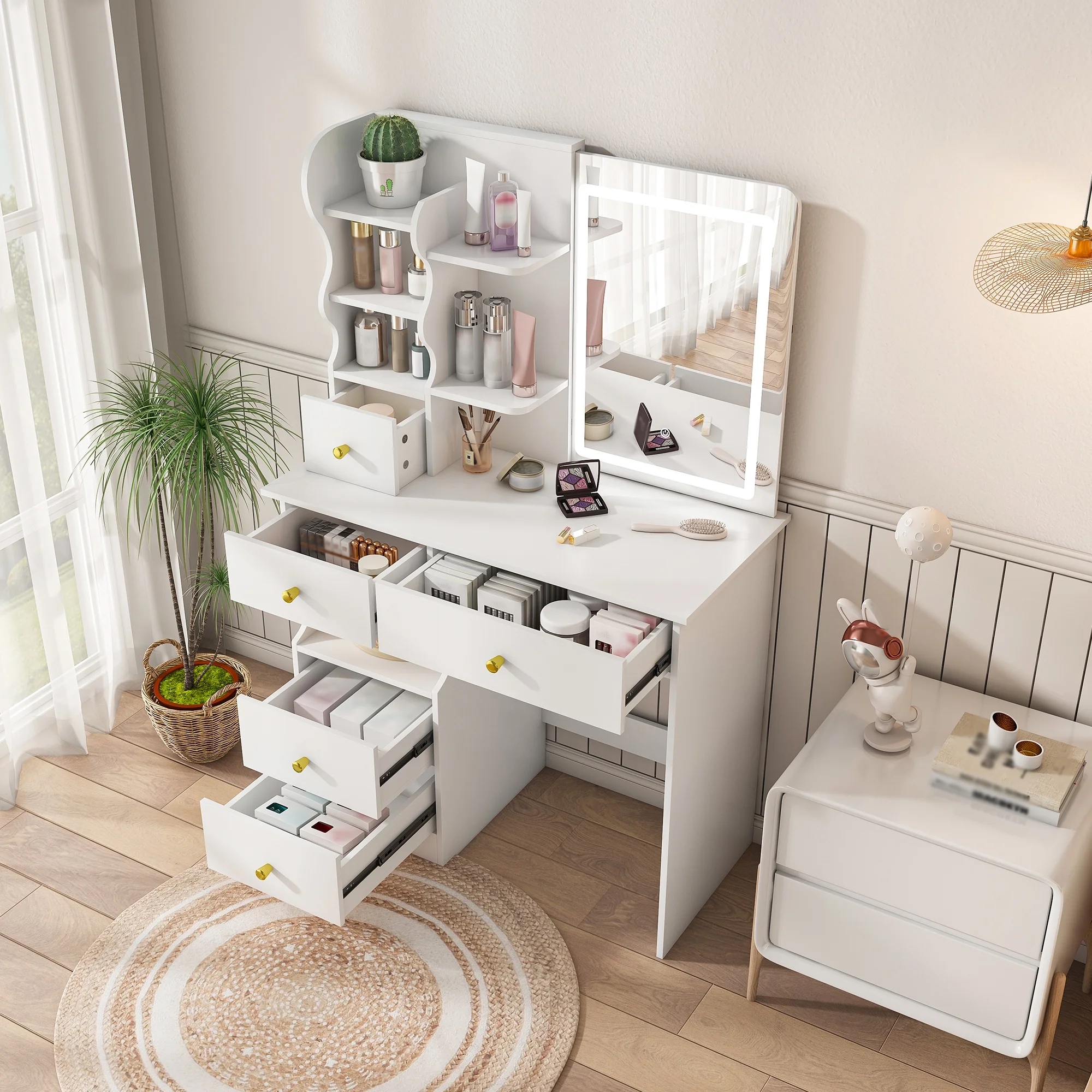 Montary Modern Mini Vanity w/Adjustable LED Mirror + Hidden Storage, Padded Stool & Dustproof Shelves (White) - Image 34