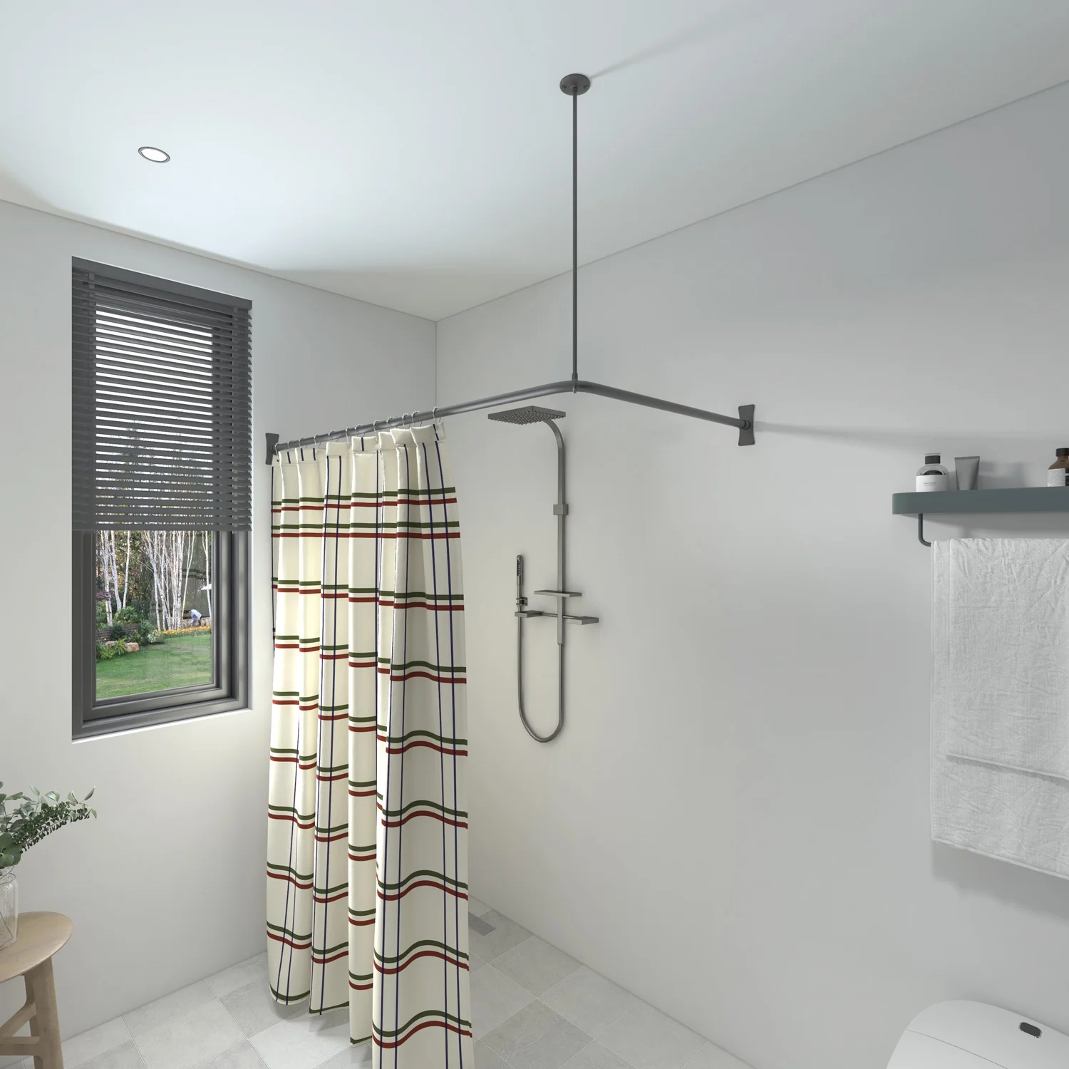Naiture Stainless Steel 72'' x 48'' Corner Shower Curtain Rod with Ceiling Support, Black Finish