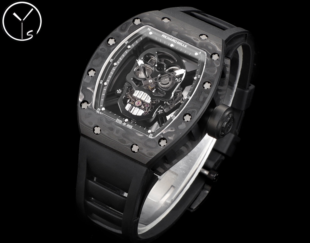 Best Richard Mille RM 052 Replica Black Carbon Fiber Case Watch – Men’s Luxury Watch With Skeleton Skull Dial - Elite Watch Atelier
