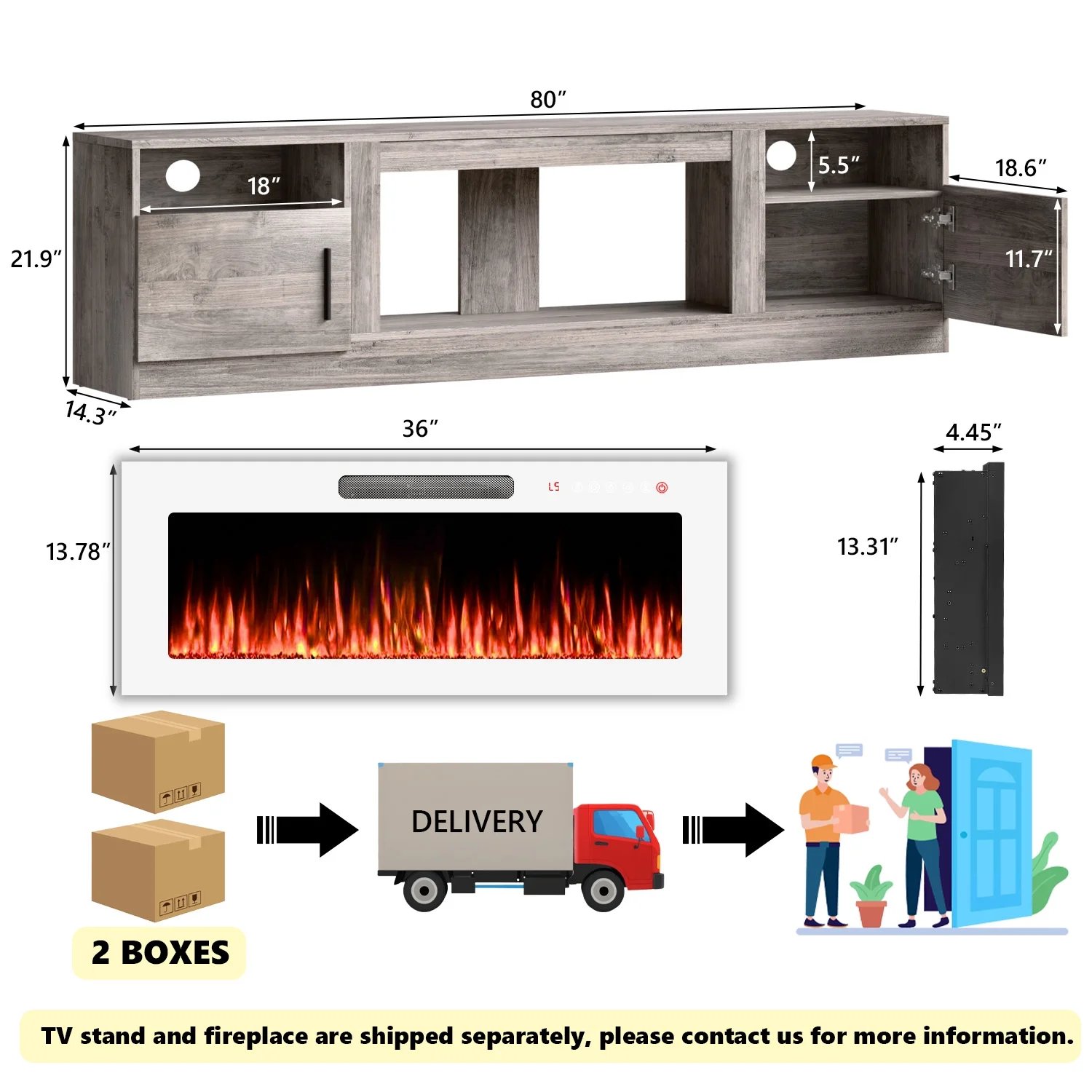 Waleaf Fireplace TV Stand with 36" Electric Fireplace Up to 80" TVs, Modern Wood Media TV Console with Highlight Cabinet, White - Image 19