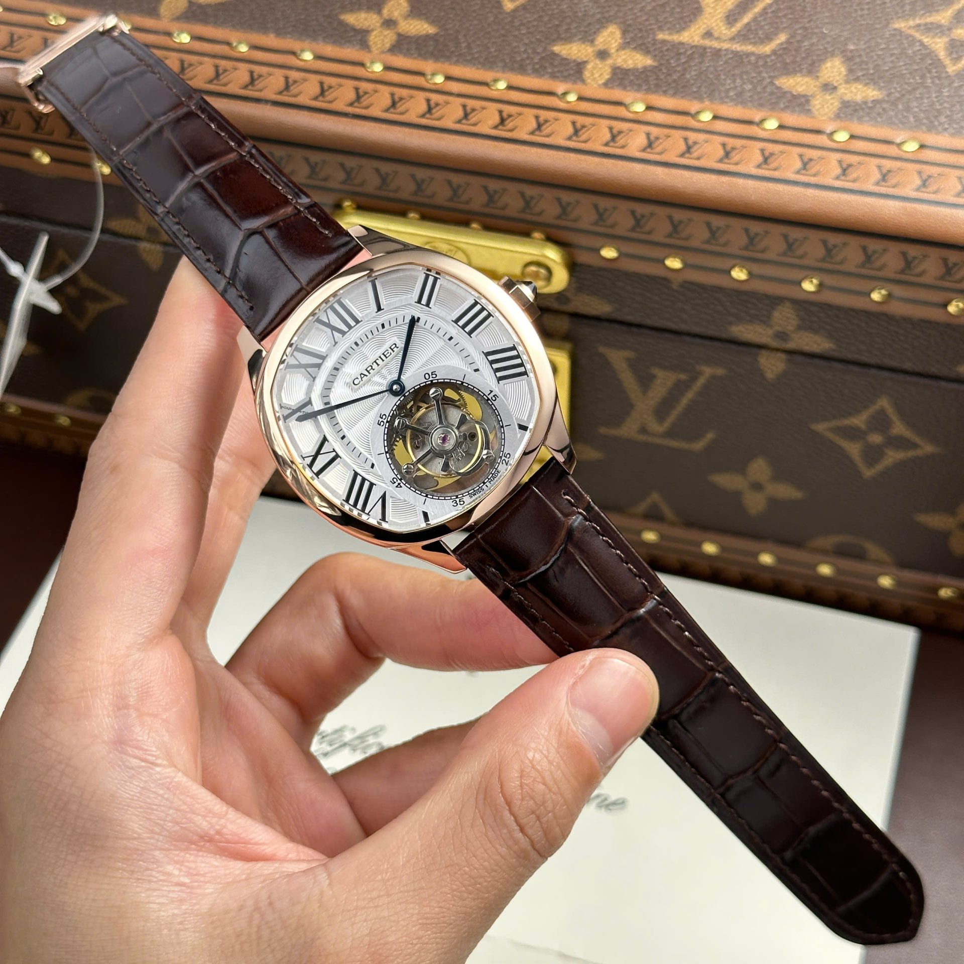 Cartier Drive Tourbillon Replica Watch Dial Guiloche Motif Leather Strap 41mm - Elite Watch Atelier
