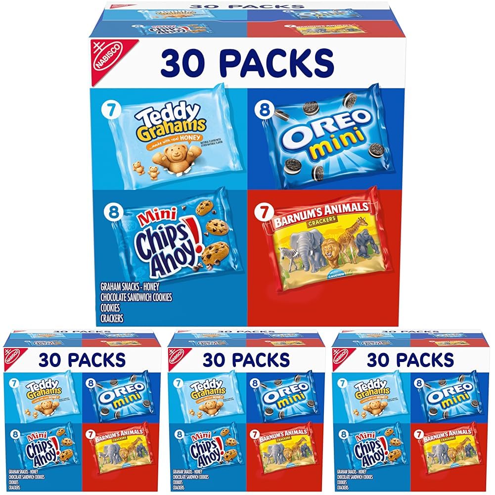 Nabisco Team Favorites Variety Pack, OREO Mini, CHIPS AHOY! Mini, Teddy Grahams Honey & Barnum's Animal Crackers, Christmas Stocking Stuffers, 30 Snack Packs (Pack of 4)