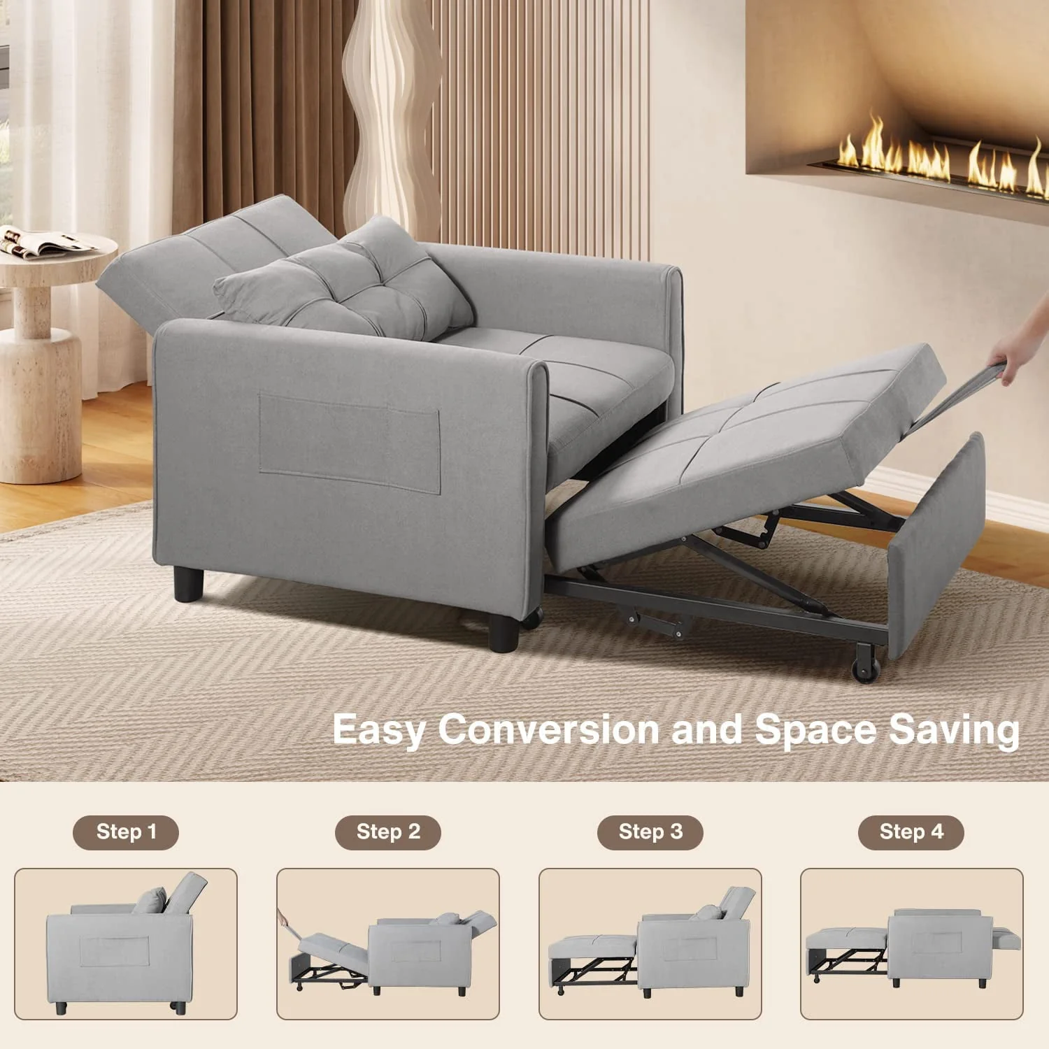 Lofka Chair Bed, Convertible Sofa Bed Couch Recliner Single Bed for Living Room/Office/Bedroom, Light Gray - Image 13