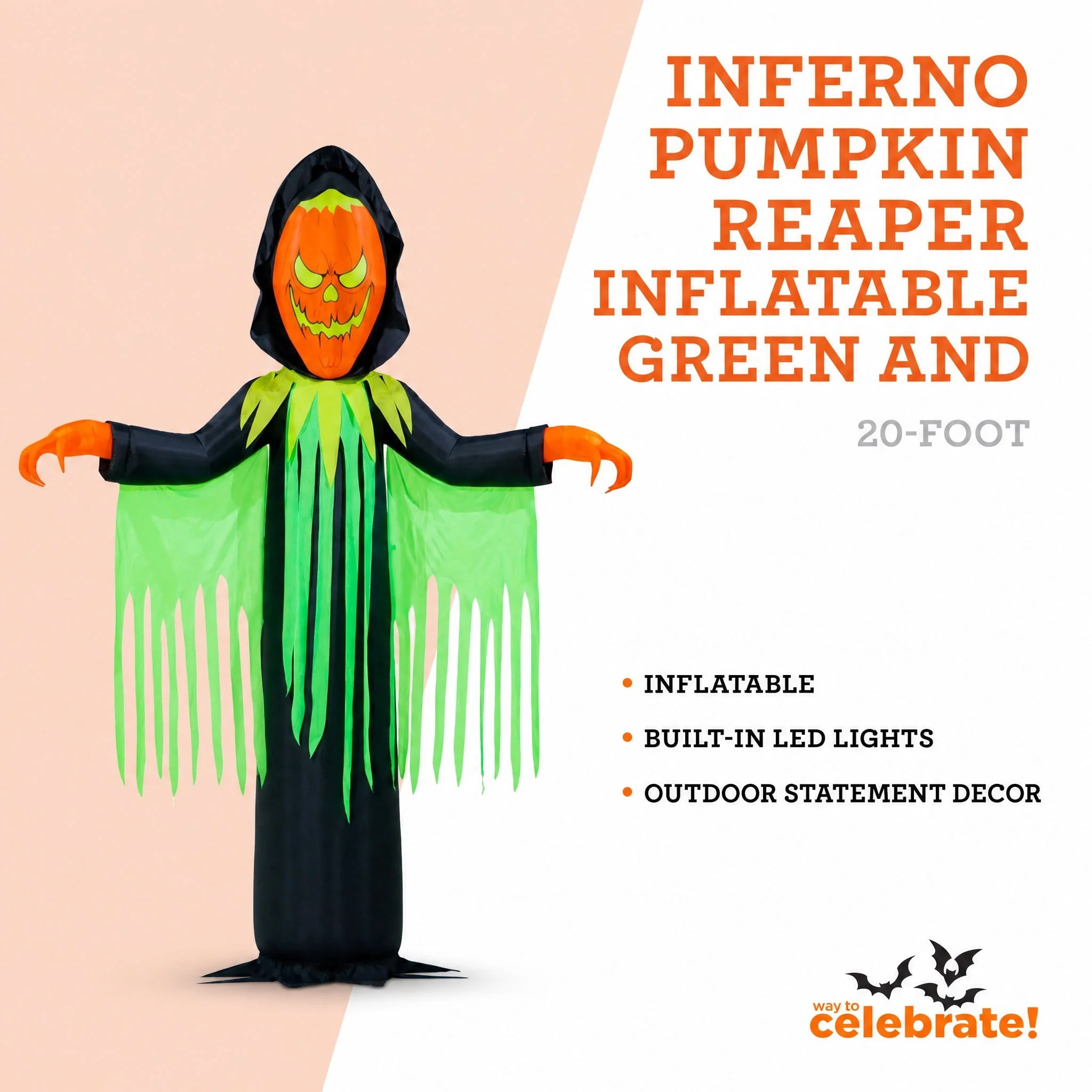 Inferno Pumpkin Reaper Airblown Yard Inflatable, Orange/Green/Black, 20', Halloween by Way To Celebrate - Image 3 Inferno Pumpkin Reaper Airblown Yard Inflatable, Orange/Green/Black, 20', Halloween by Way To Celebrate - Image 3