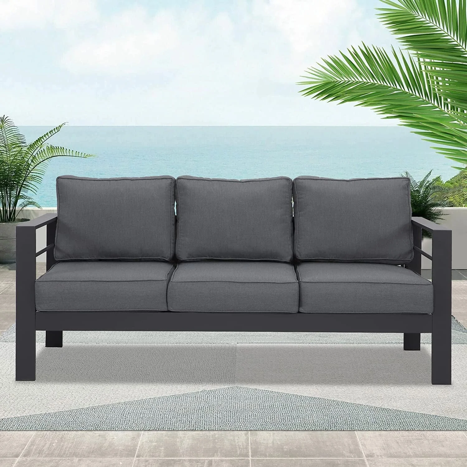 Superjoe Outdoor Patio Sofa 3 Seats Gray Aluminum With Dark Grey Cushions - Image 2 Superjoe Outdoor Patio Sofa 3 Seats Gray Aluminum With Dark Grey Cushions - Image 2
