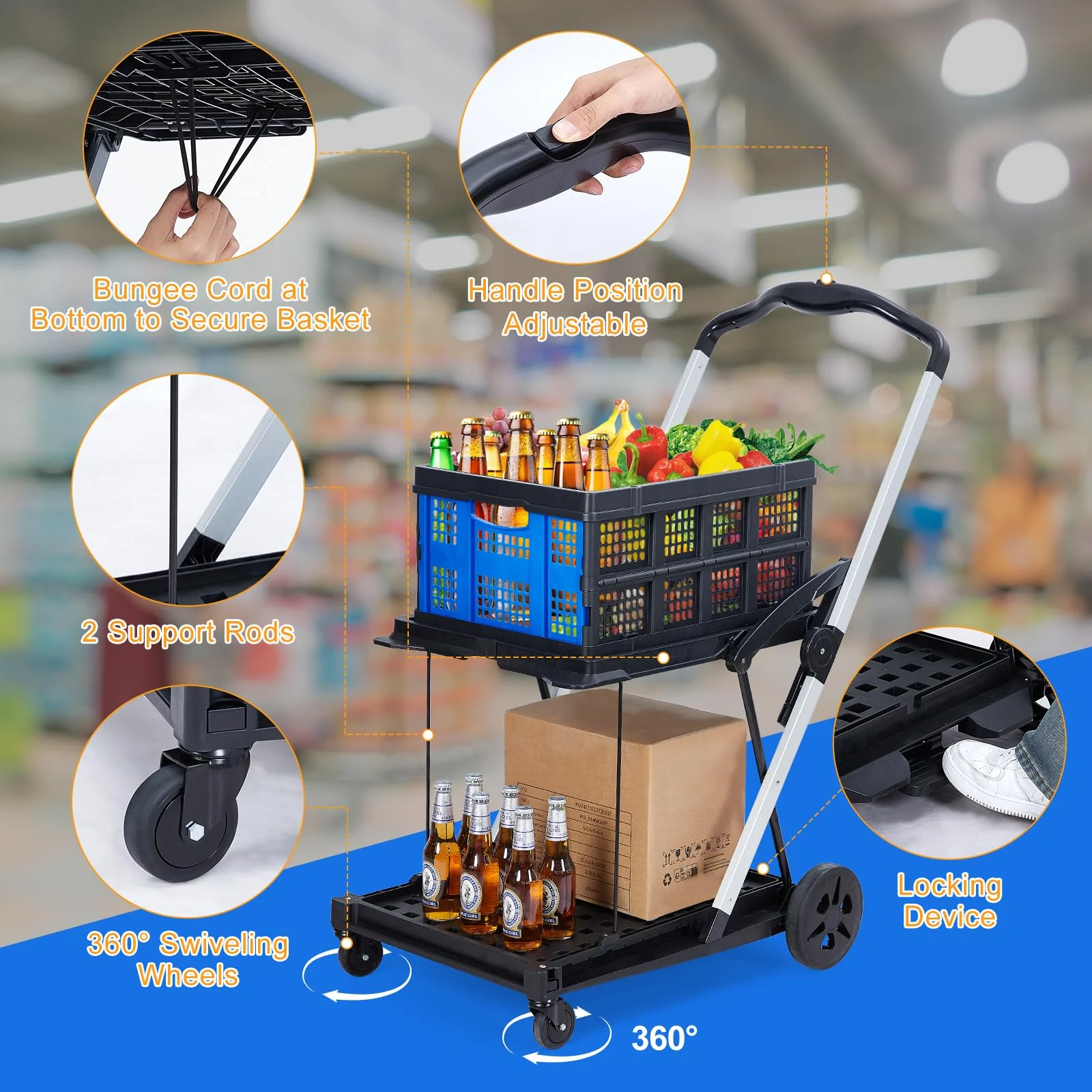 Collapsible Utility Cart, Multi Use Functional Collapsible Shopping Carts, 2-Tier Collapsible Shopping Cart with Storage Crates, Heavy Duty Utility Cart Folding Trolley for Shopping, Picnic and Office - Image 4