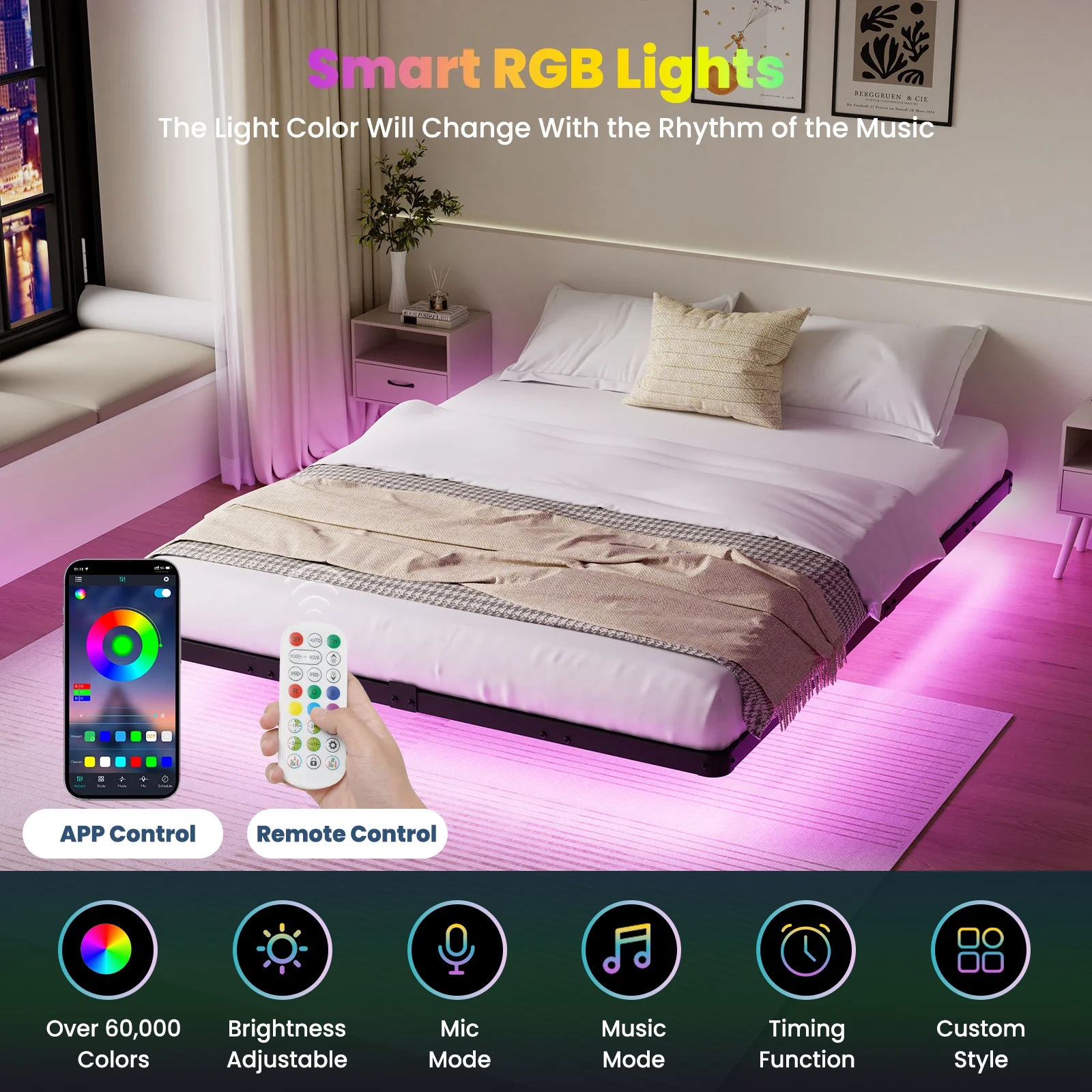 Lusimo Floating Bed Frame with LED Lights Queen Size Metal Platform Bed Frame with 6.1
