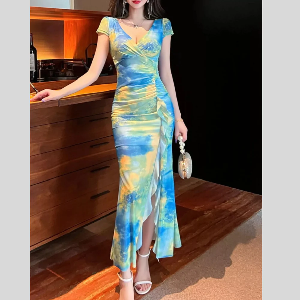 Tie-Dye Surplice Ruffle Slit Dress - ZKZOOK