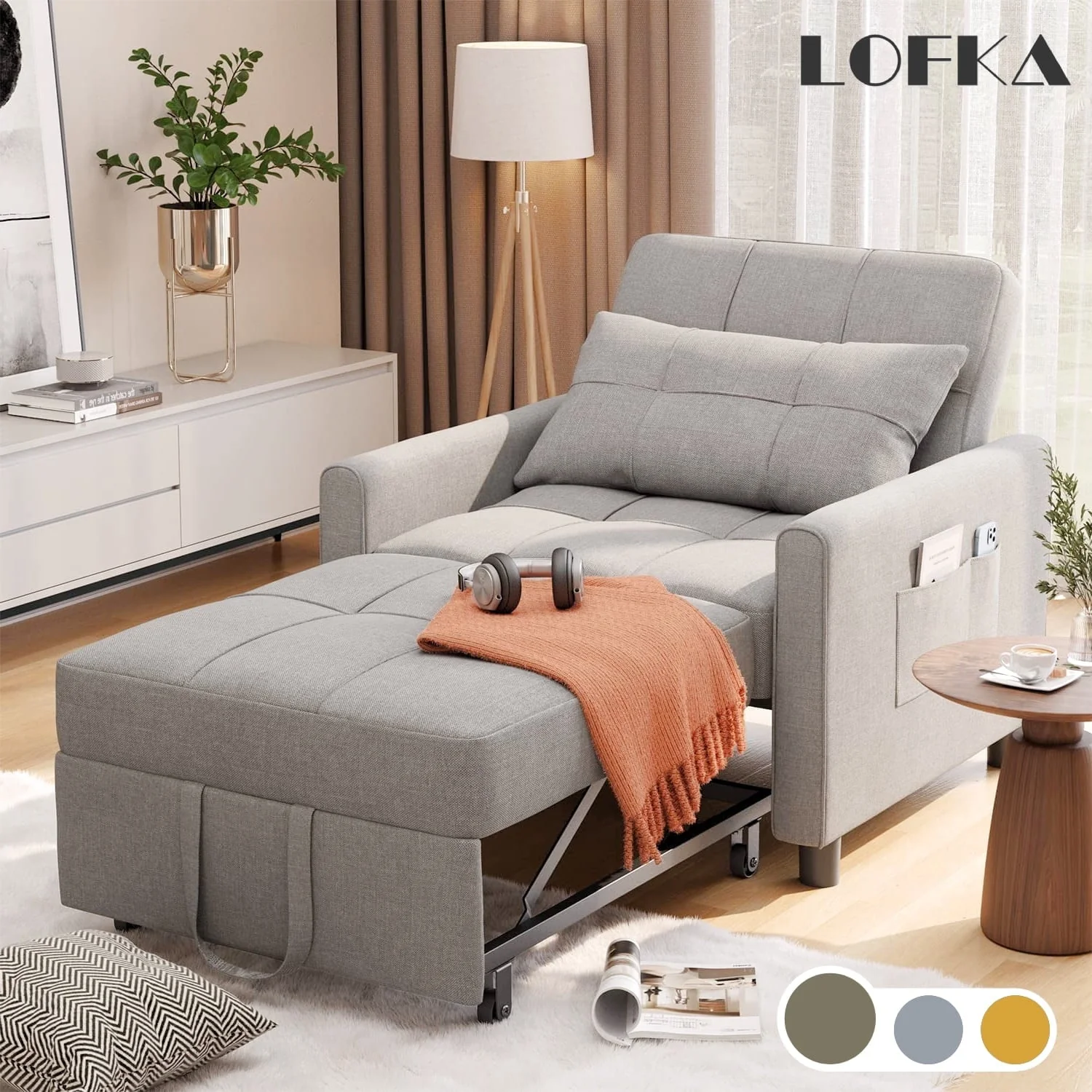 Lofka Chair Bed, Convertible Sofa Bed Couch Recliner Single Bed for Living Room/Office/Bedroom, Light Gray - Image 4