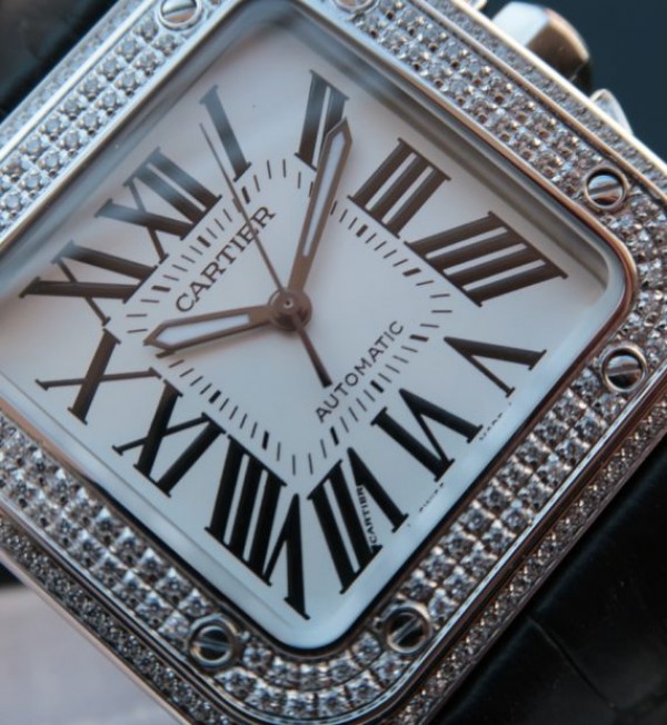 Replica Cartier V6 Santos 100 41mm White Dial Diamond Bezel Black Leather Strap A2824 - Elite Watch Atelier