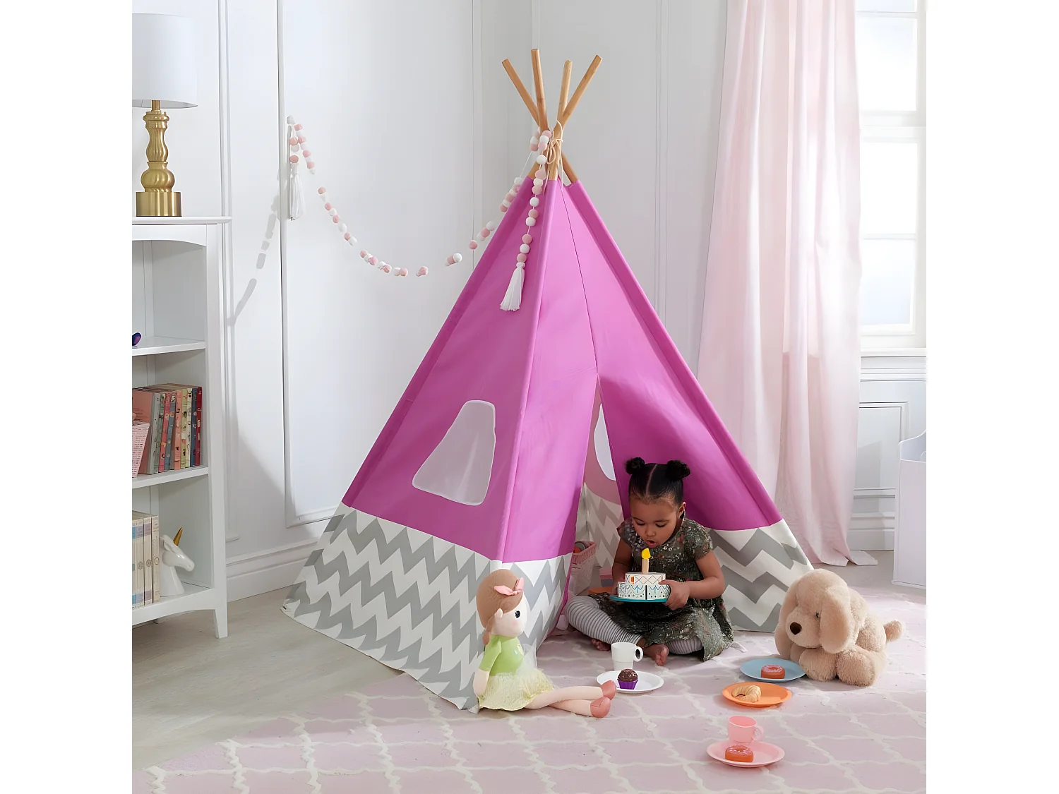 Tipi enfant en toile et bambou Rose