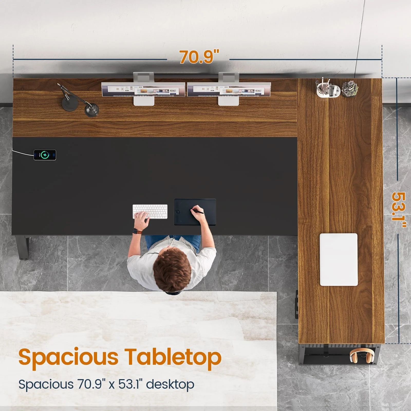 71" Executive Desk with Power Outlets, Modern L Shaped Office Desk with File Drawers and Pegboard, Large Computer Desk, Rustic Brown - Image 21