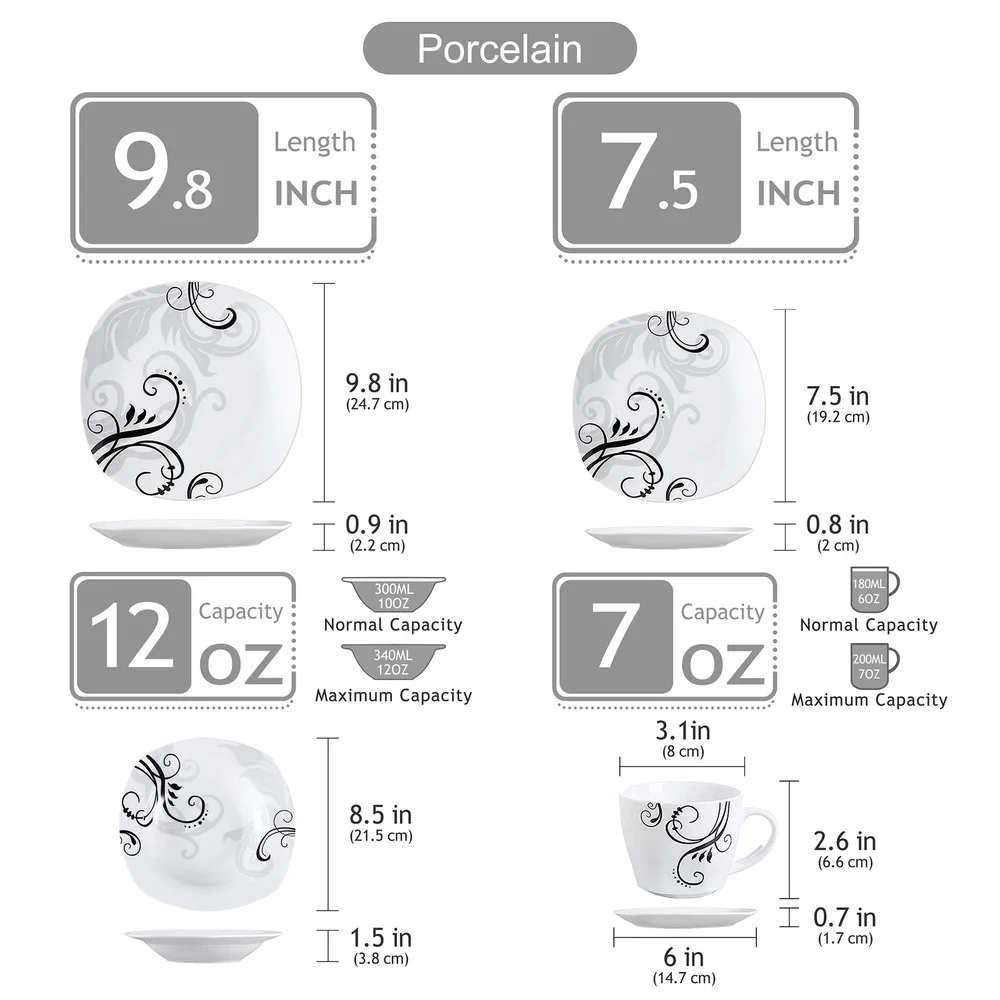 VEWEET ZOEY 24Pc Dinnerware Set Porcelain Tableware Plate Bowl Set Service for 6