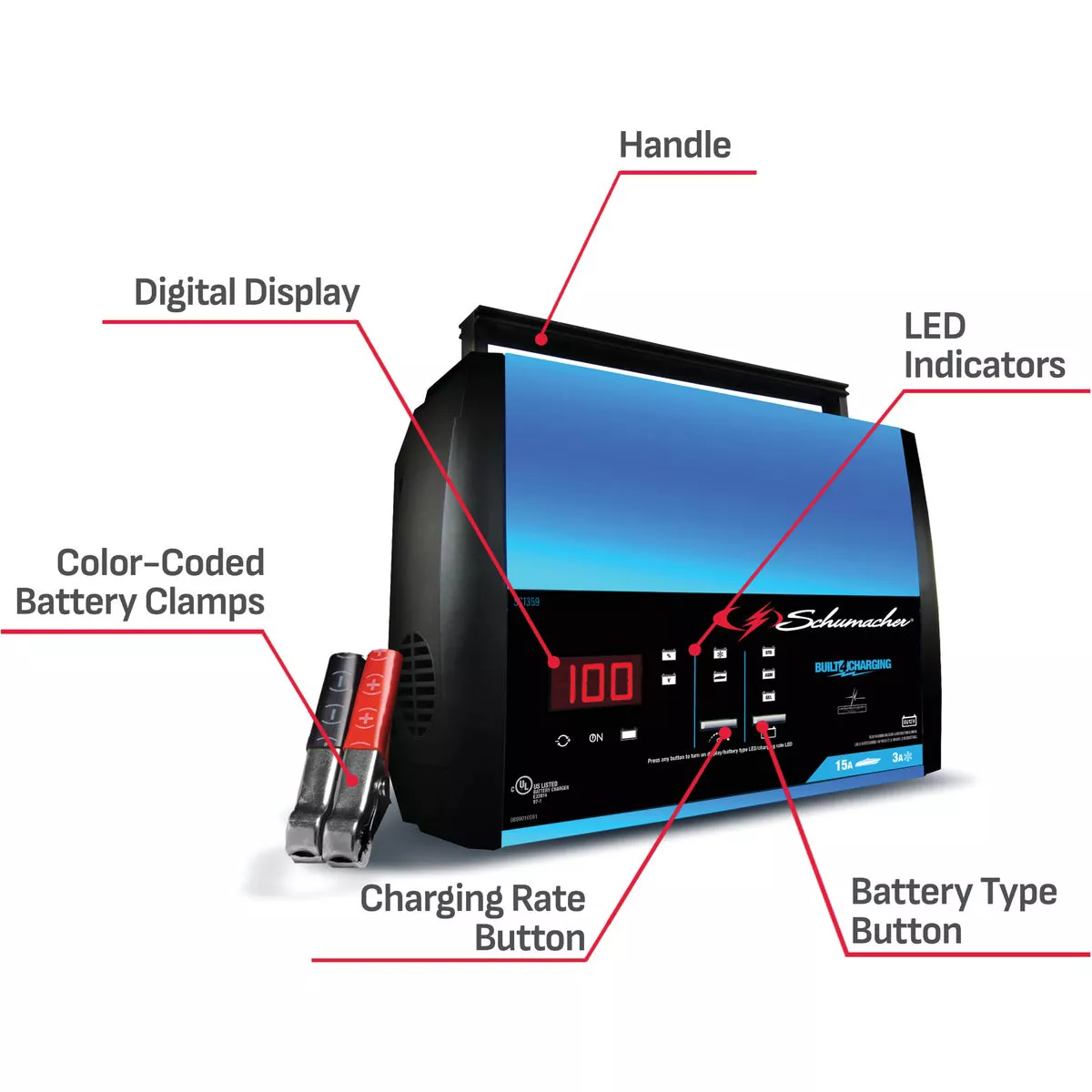 Schumacher Fully Automatic 6V and 12V 15A Auto Battery Charger