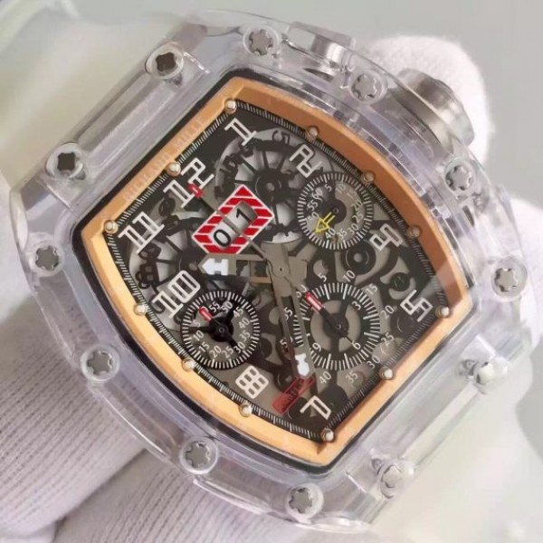 Replica Richard Mille RM011 Transparent Case RG/Black Bezel Skeleton Dial White Rubber Strap A7750 - Top club