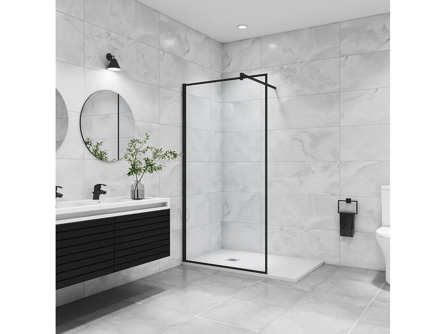 Paroi de douche noire 90x200cm à l'italienne avec barre de fixation noire 140cm en carré, en 8mm verre trempé anticalcaire