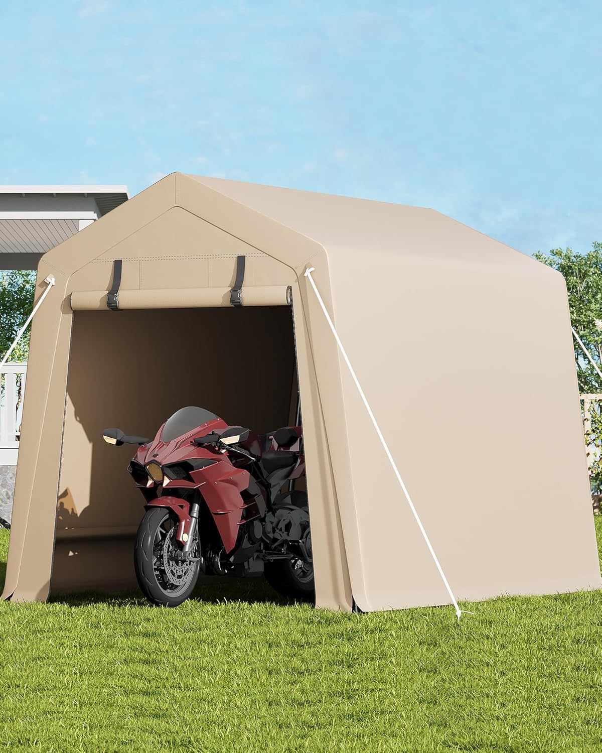 6 x 8 ft Bike Shed ATV Storage Tent Portable Storage Shed Outdoor Carport Tarp Sheds with Roll-Up Door for Motorcycle, Car, Garden Tools Khaki
