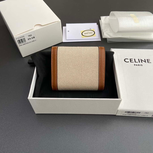 CELINE TRIOMPHE fabric apricot and cow leather short wallet