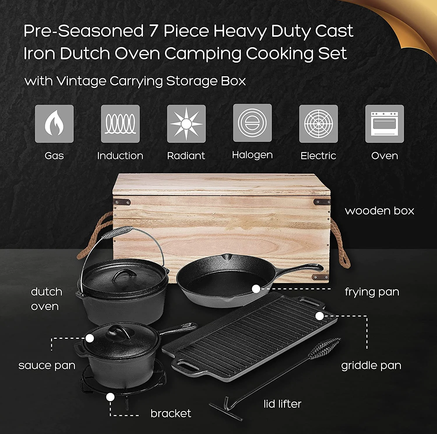 Bruntmor Camping Cooking Set Of 7 - Pre Seasoned Cast Iron Pots, Pans, and Dutch Ovens with Lids for Outdoor Campfire Cooking - Skillet Grill Cookware Set with Storage Box