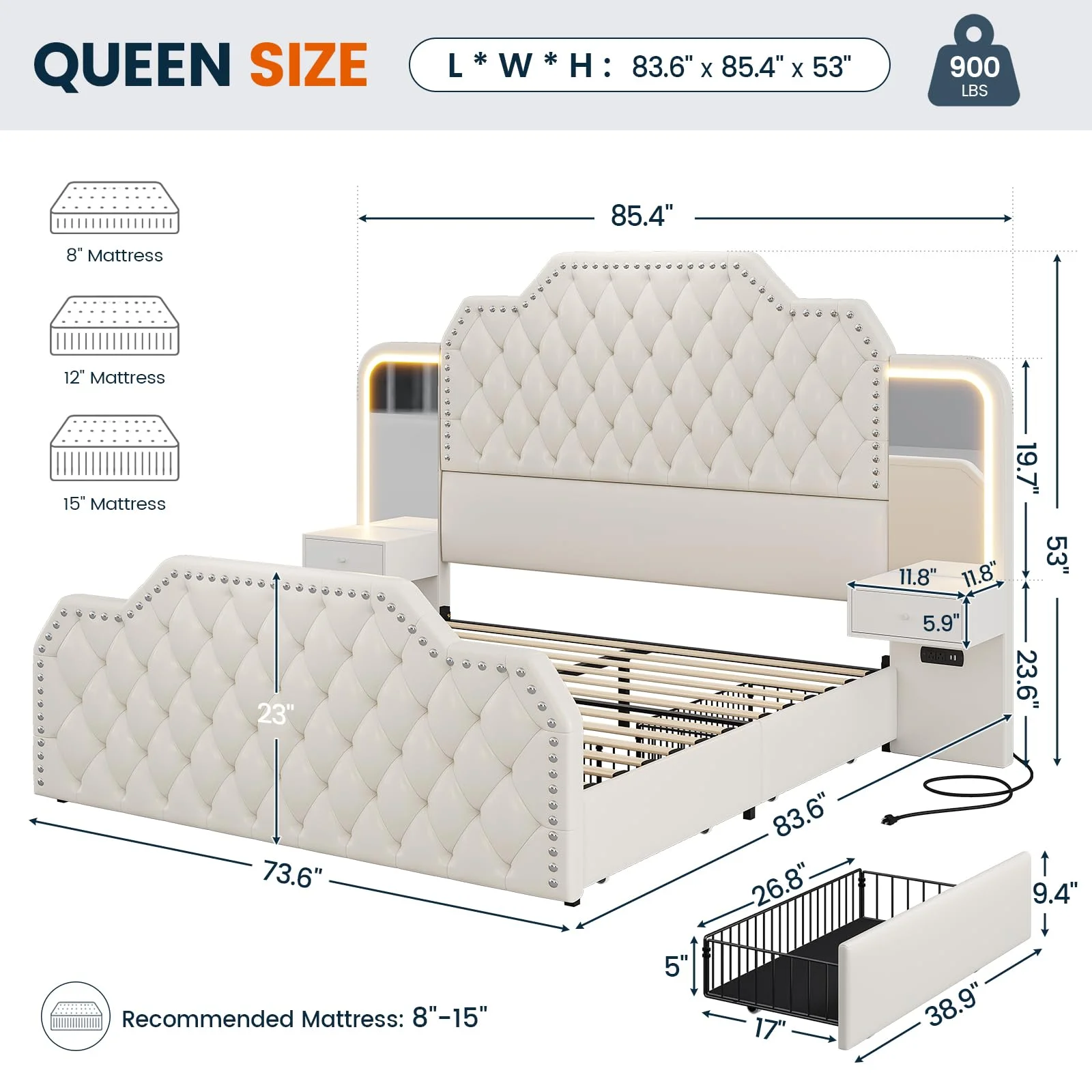 Queen Bed Frame with 2 Nighstands, Power Outlets and 4 Drawers, Upholstered Bed with Vanity Tables and Mirrors, Modern Velvet Tufted Platform Bed with Headboard & Footboard, Black - Image 11