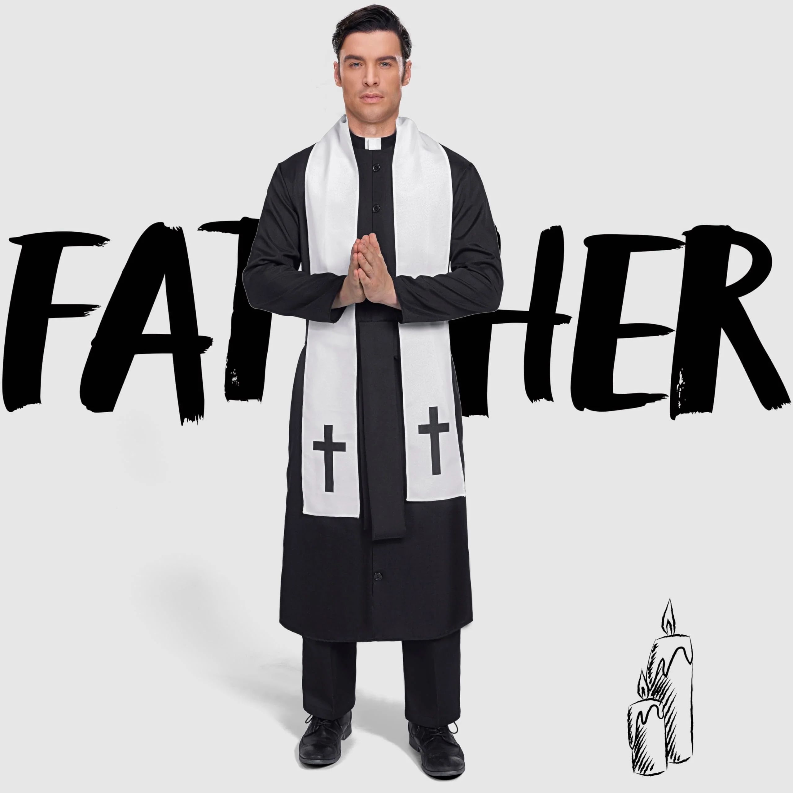 Joyfy Men's Priest Costume Black Priest Father Robe Stole for Halloween Party Dress up Cosplay - Image 2 Joyfy Men's Priest Costume Black Priest Father Robe Stole for Halloween Party Dress up Cosplay - Image 2