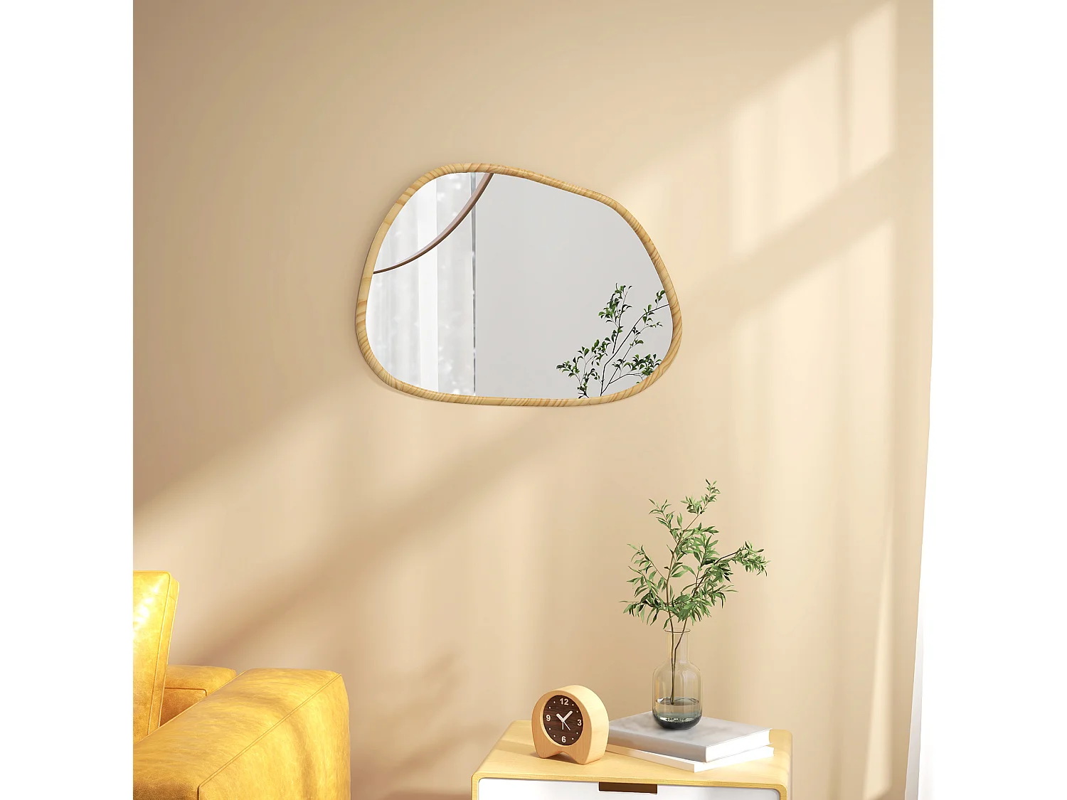 Miroir mural décoratif forme organique dim. 70L x 50H cm cadre bois de pin verni