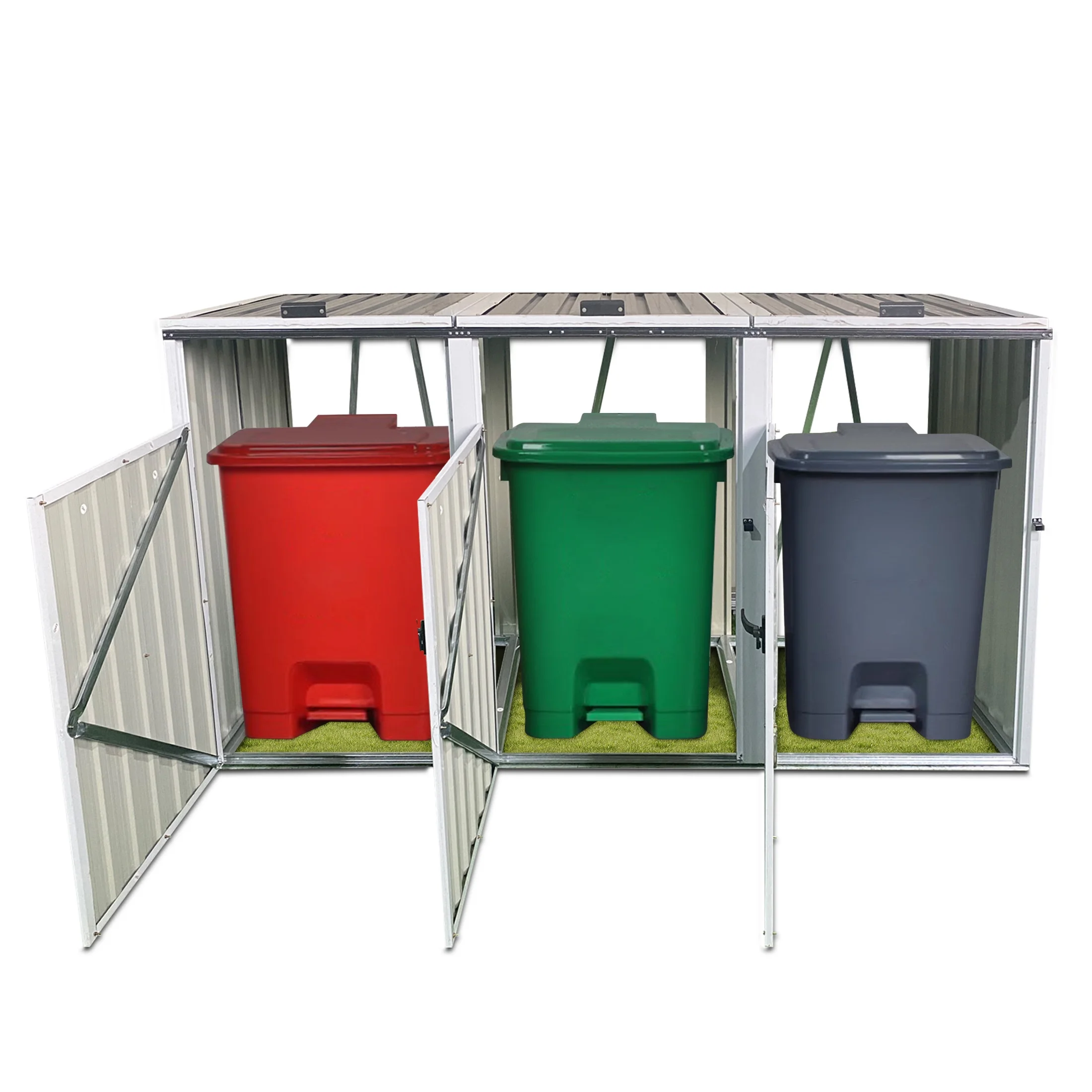 Aukfa 7.3' W Outdoor Garbage Bin Storage, Metal Storage Shed for 3 Trash Cans Tools, Waterproof Trash Can Storage - Image 8