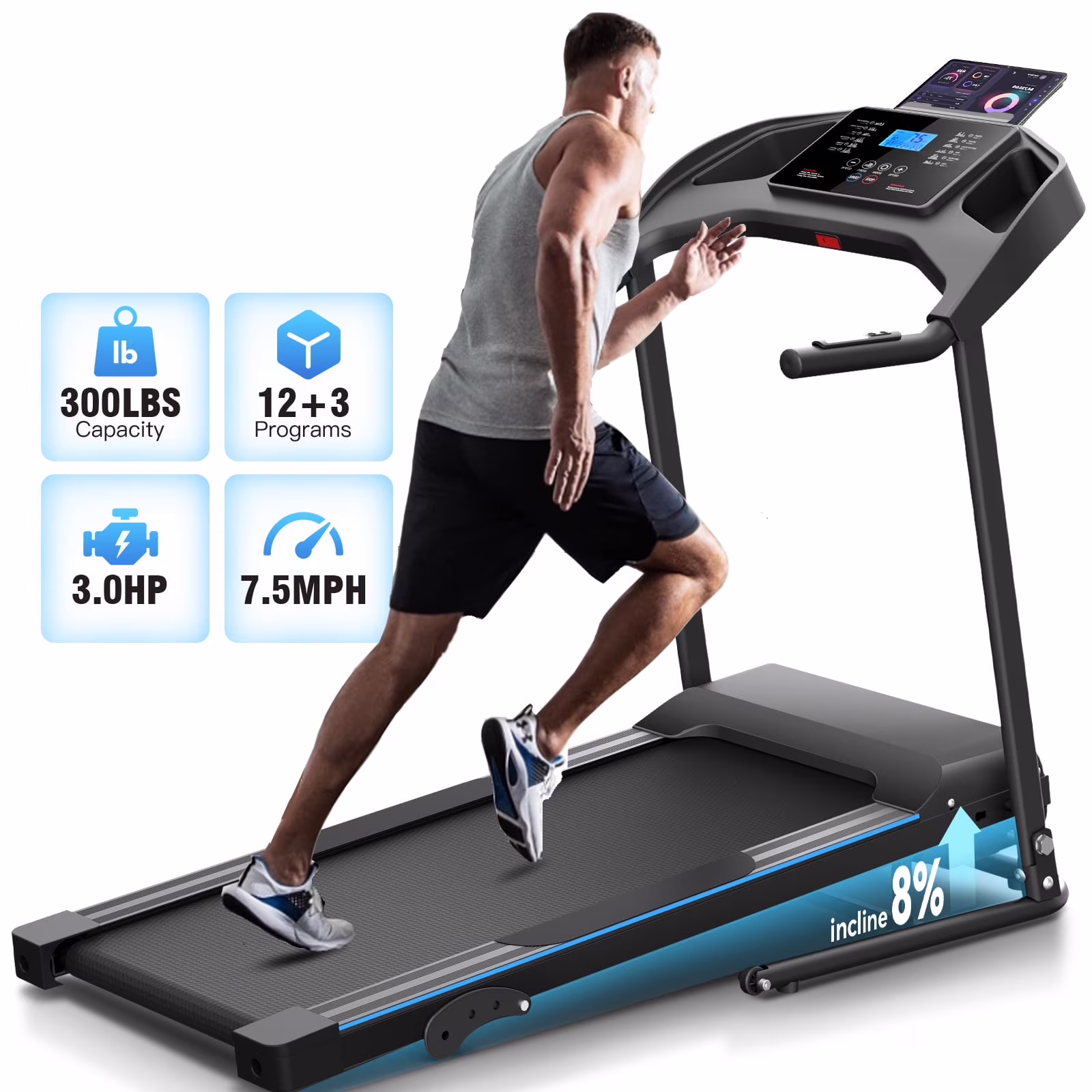 Treadmill with 8% Incline, 3.0 HP Foldable Compact Treadmill with Sit-up Function, 300 lbs Walking Running Treadmill with LCD Display for Exercise, 12 Programs - Image 3