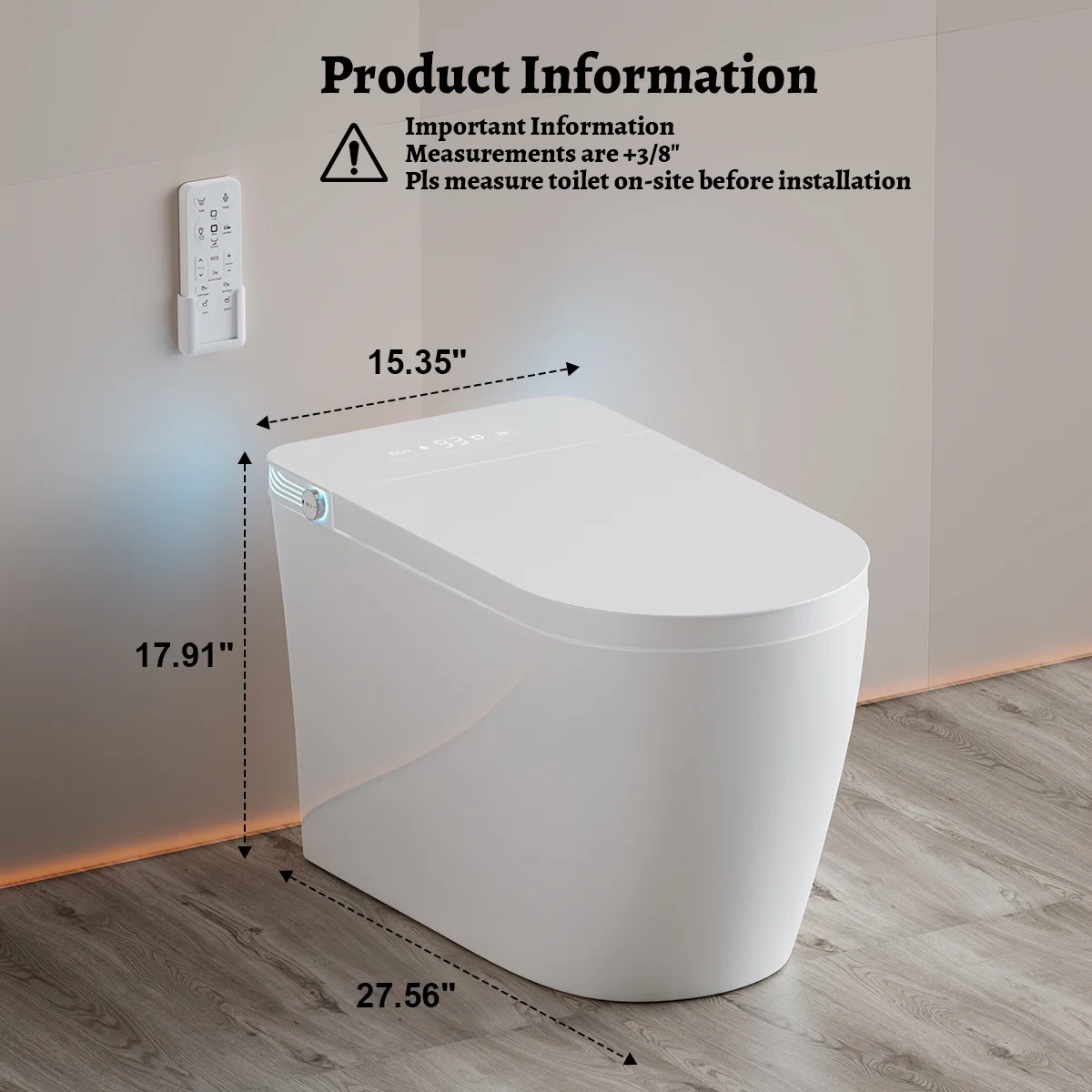 Smart Toilet with Auto Open/Close Lid, Heated Seat, Warm Air Dryer, Adjustable Bidet Wash for Men & Women, Night Light, Foot-Sensing & Power Outage Flush, Wireless Remote, Energy-Saving Mode