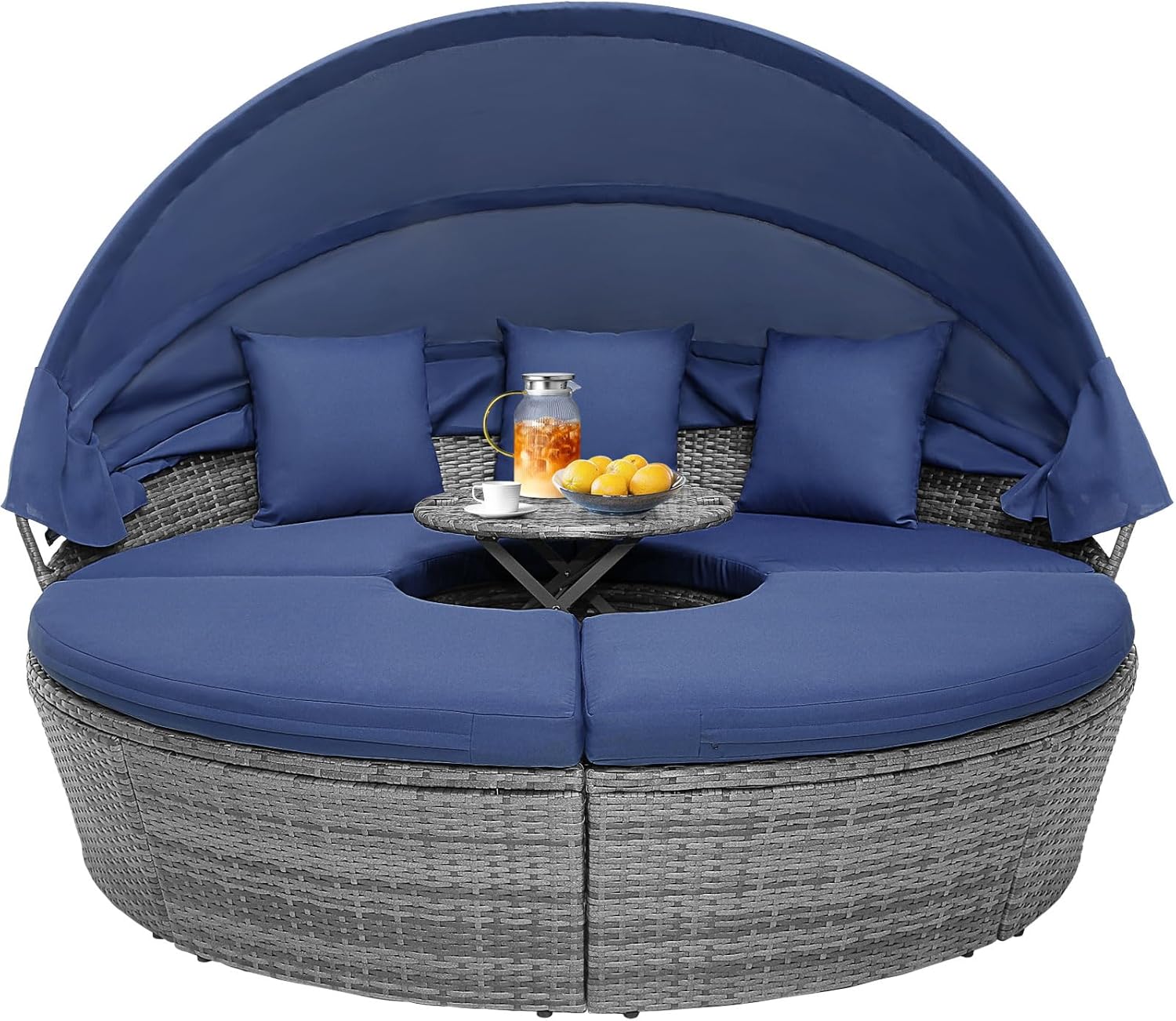 Outdoor daybed, rattan round daybed with sunshade canopy, patio set with cushions and adjustable coffee table, rattan patio furniture, suitable for backyard terraces, porches, and poolside (green color) - Image 4