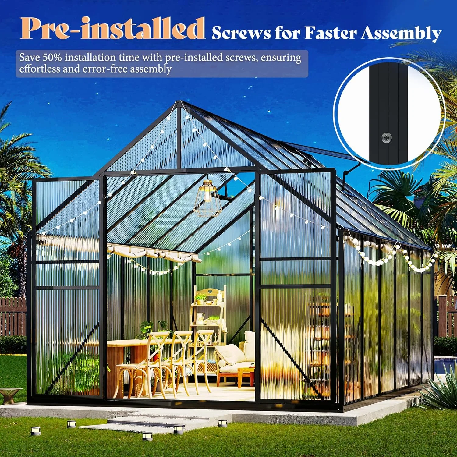 Jocisland 8x8x7 FT Polycarbonate Walk-In Greenhouse with Aluminum Frame, 2 Top-Opening Windows & 2 Swing Doors, Heavy Duty for Outdoor Garden Use, Black - Image 7