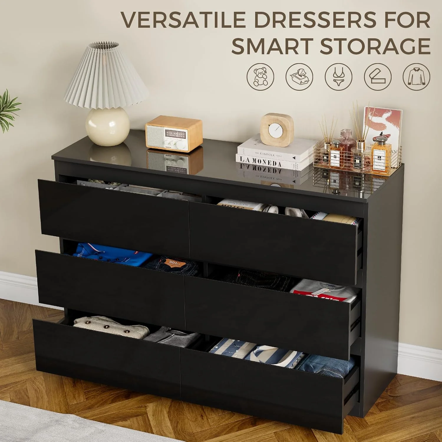 Selooye White Wood Dresser, 6 Drawer Dresser for Clothes Storage,Bedroom, Modern White Dresser with Wide Drawers, Wide Wooden Chest Drawers for Living Room, Entryway, TV Stand - Image 12