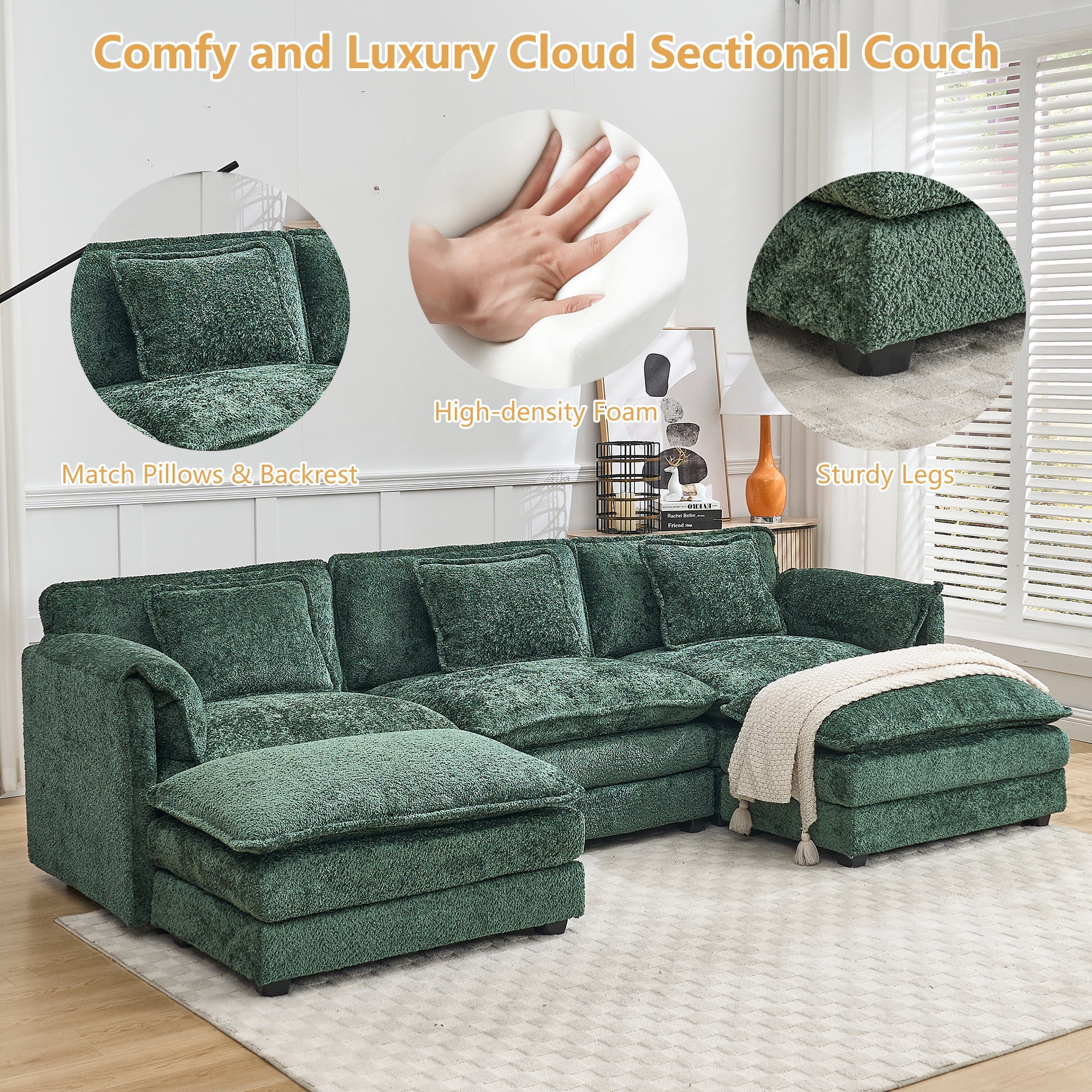 GNIXUU 112" Oversized Sectional Sofa Cloud Couch for Living Room, Modern Chenille L Shaped Couch, Comfy Boucle Modular Sofa Sleeper with Moveable Ottoman & Memory Foam (Green) - Image 15