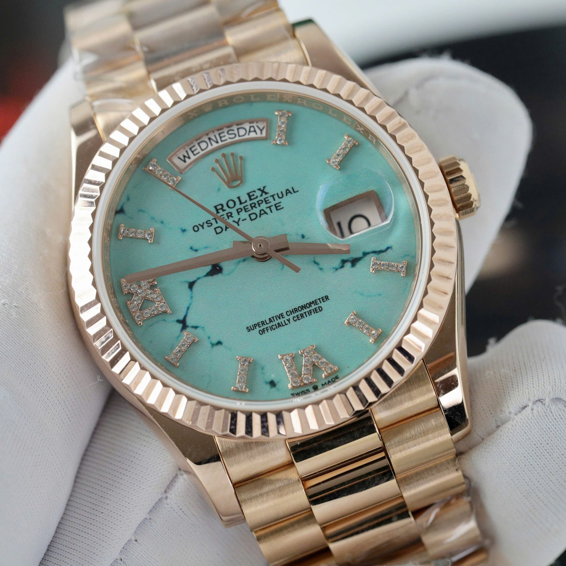 Rolex Best Replica Watch Day-Date 128238 Dial Turquoise Gold Wrapped 36mm - Elite Watch Atelier
