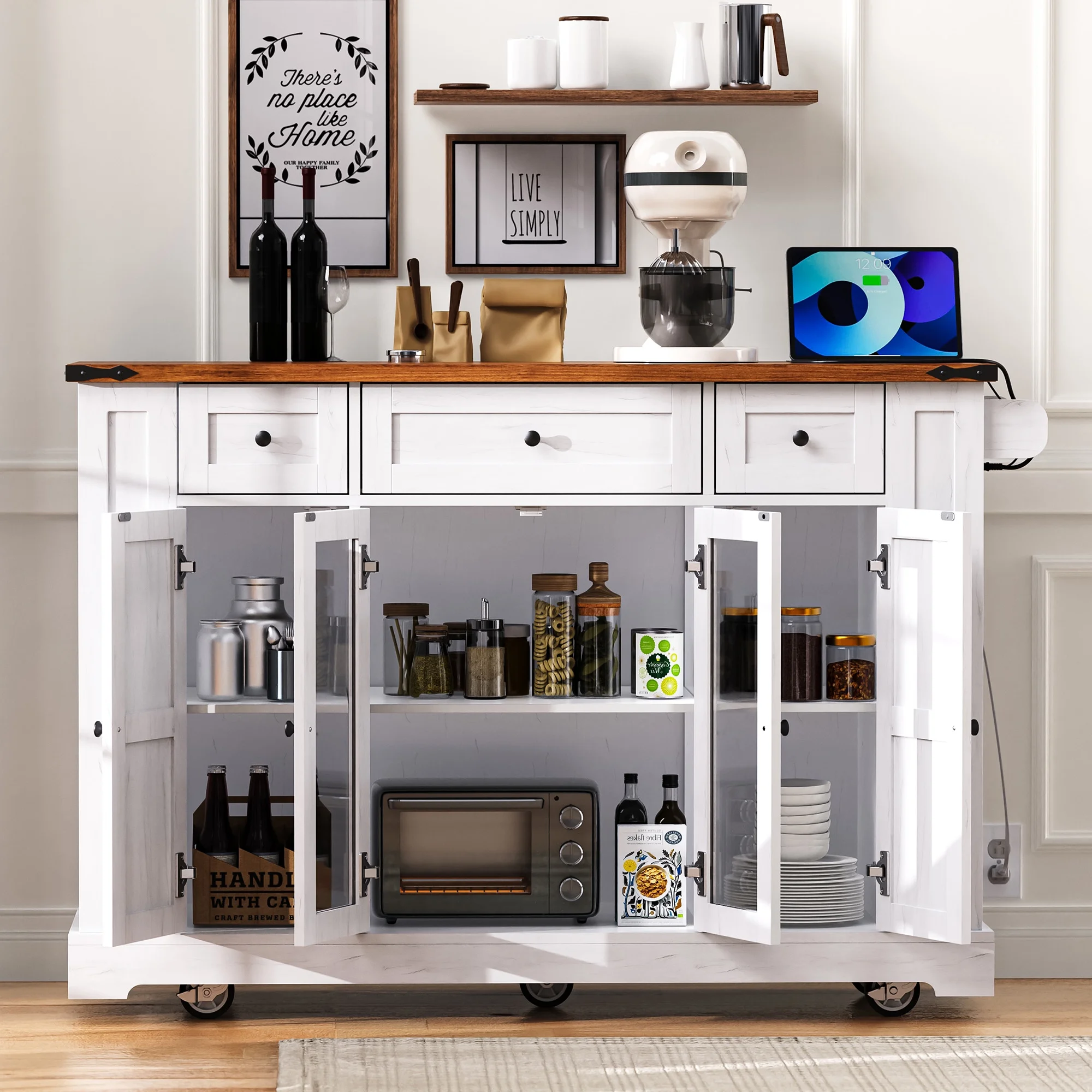 Euroco 53'' Farmhouse Kitchen Island with Two Tempered Glass Cabinet Doors��Rolling Kitchen Cart on Wheels