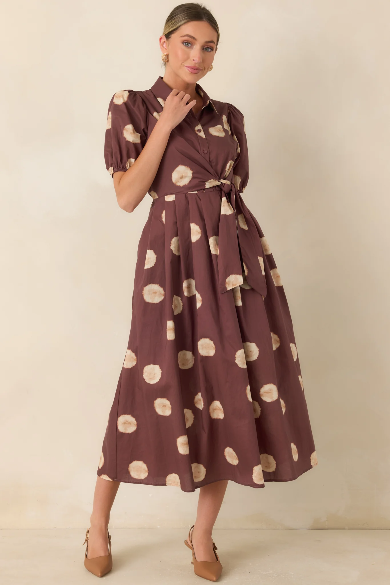 Gather Around Rust Brown Dot Print Cotton Midi Dress