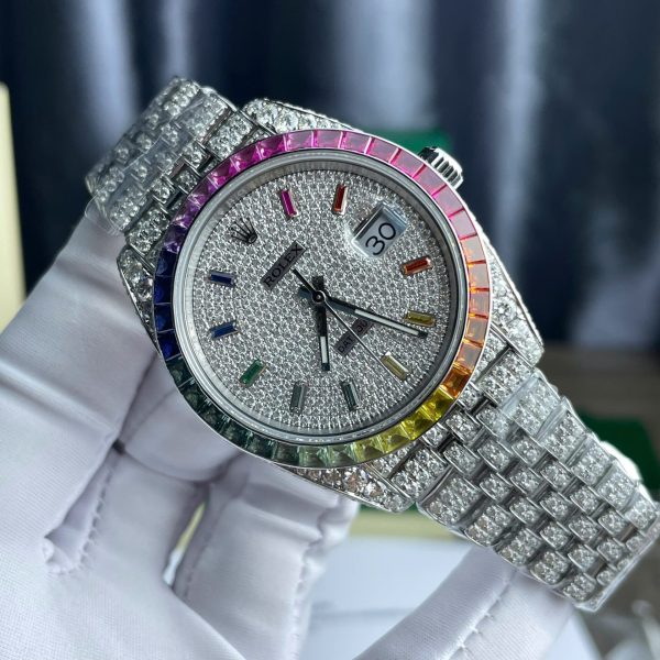 Rolex DateJust Replica Watch Full Moissanite Diamonds Hong Kong Dial Blue 41mm - Top club