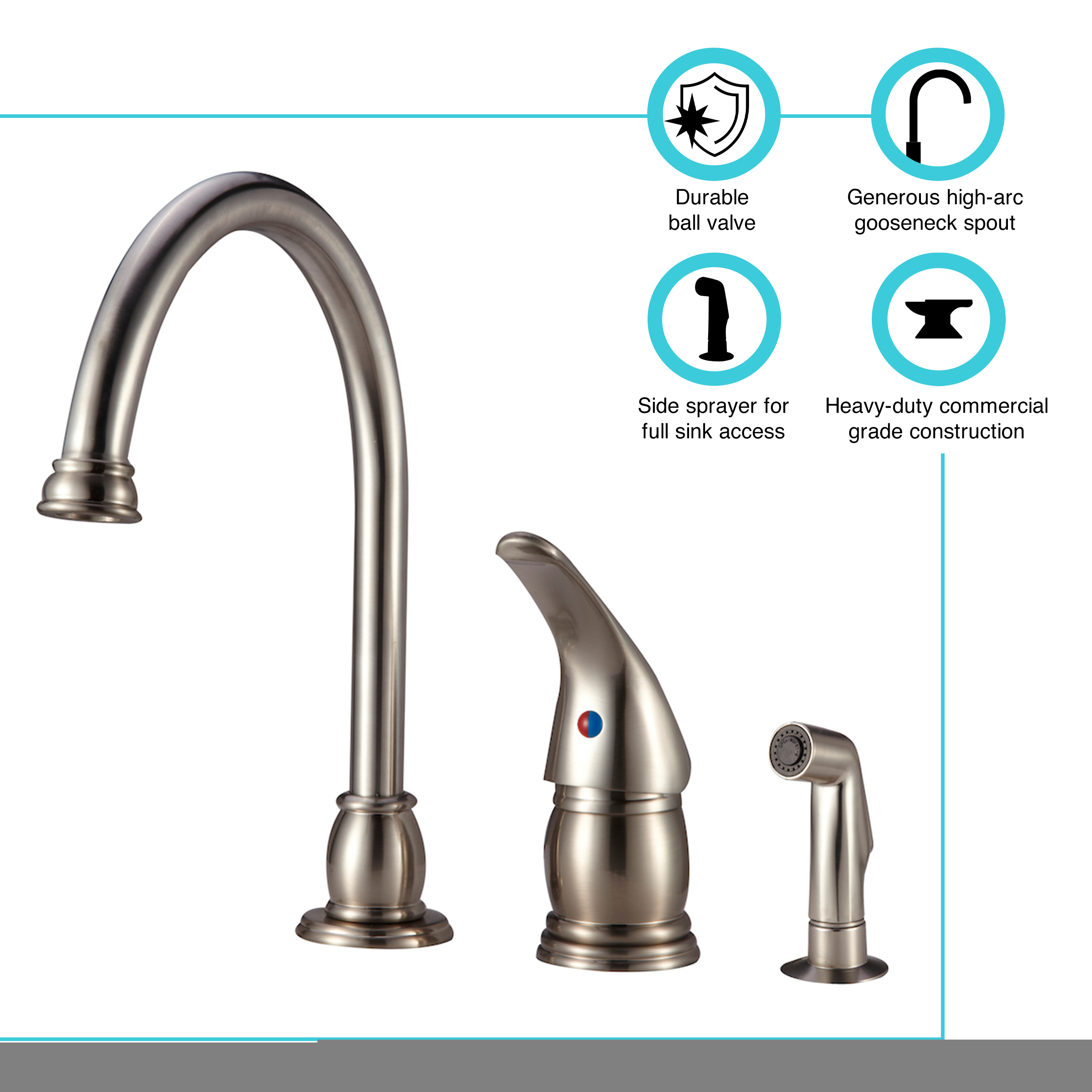 Dura Faucet Gooseneck Kitchen Faucet with Matching Side Sprayer for RVs- Brushed Satin Nickel