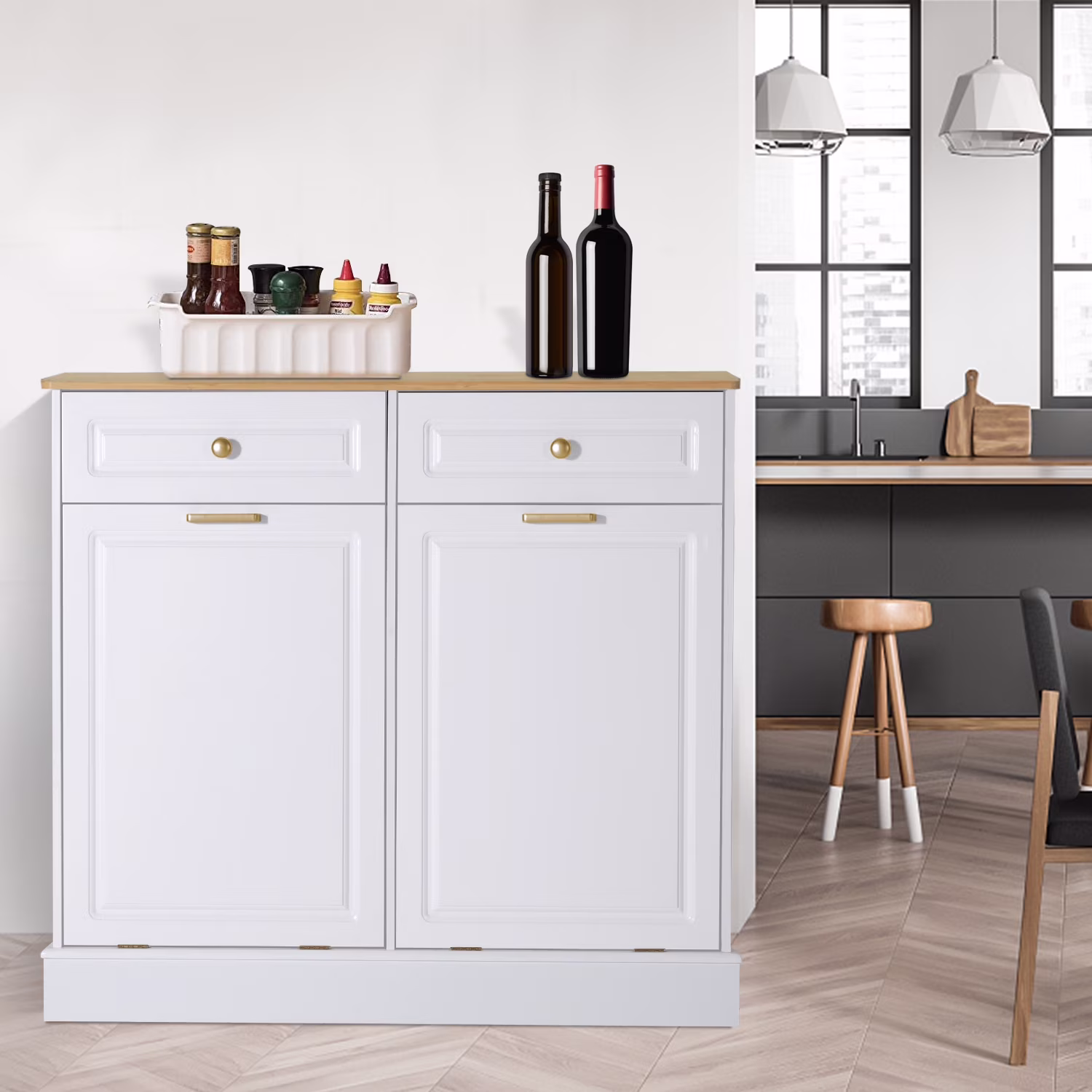 Eclife 20 Gallons Double Tilt Out Trash Cabinet Wood Tabletop, Upgrade Gray, WB010GY - Image 11