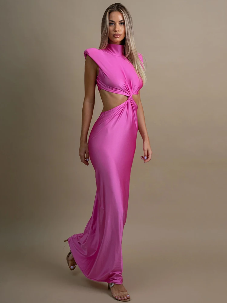 Hollow Out Turtleneck Sexy Maxi Dress For Women Fashion Solid Sleeveless Bodycon Tank Dresses Femme Club Party Dress - AZJHJ