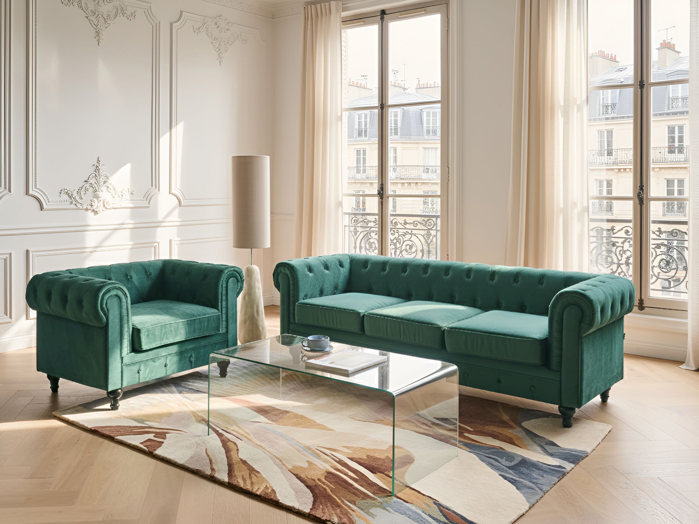Living Room Set 4 Seater CHESTERFIELD Velvet Emerald Green