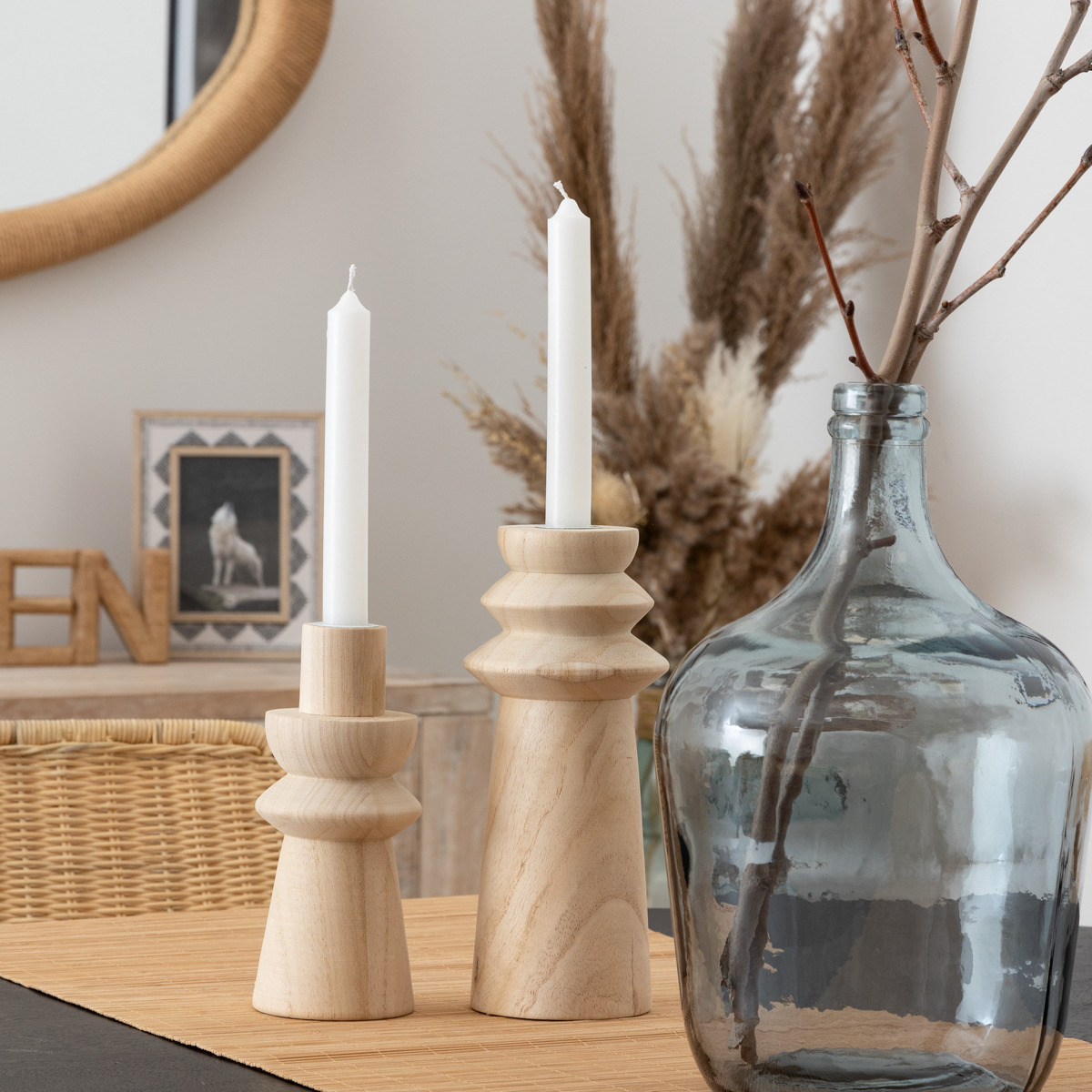 Set of 2 candle holders "Uma" Wood, H.23.5 cm