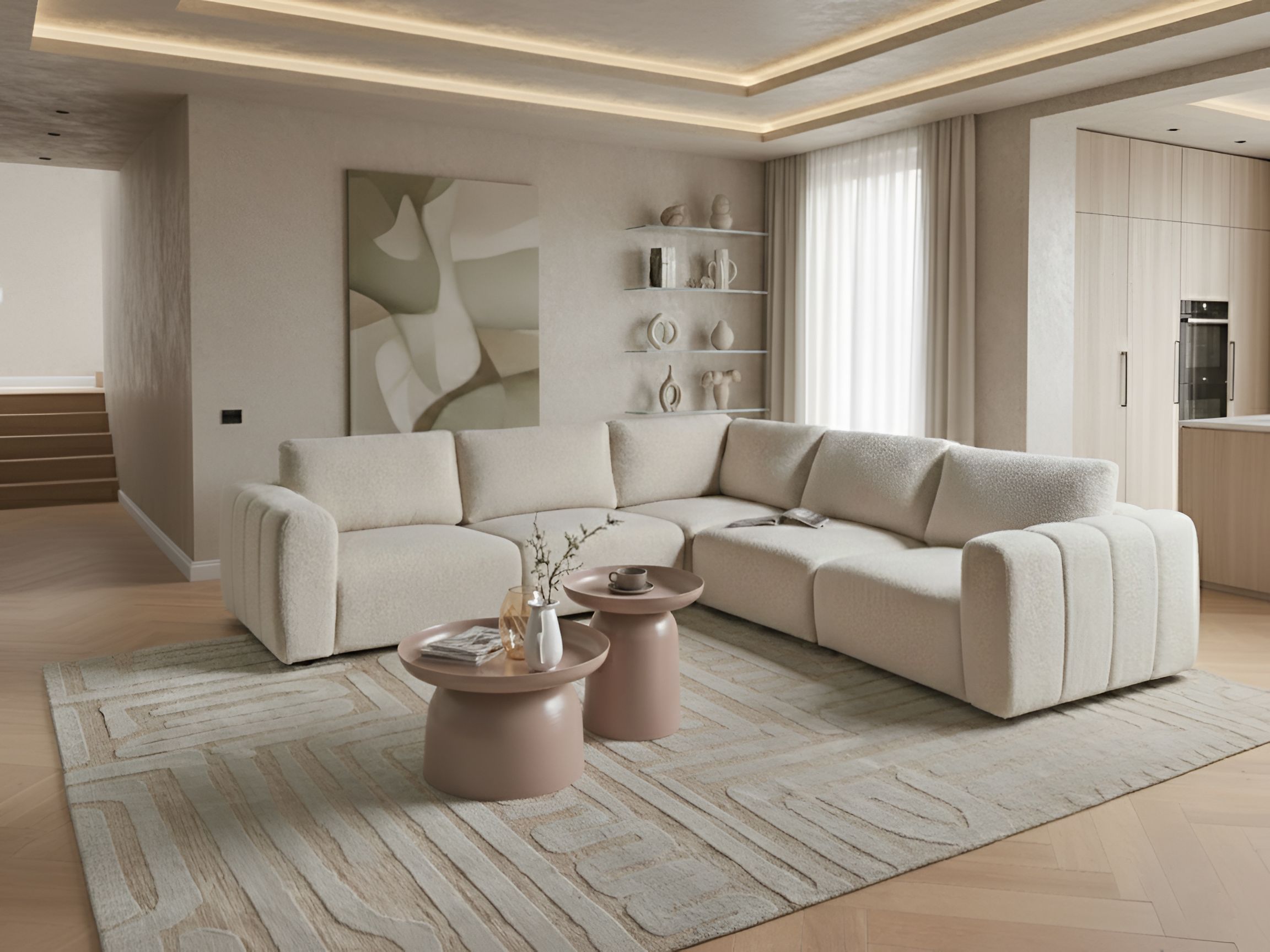 Modular Corner Sofa 5 Seater KIVVIK Boucle Off-White with Ottoman Left Hand