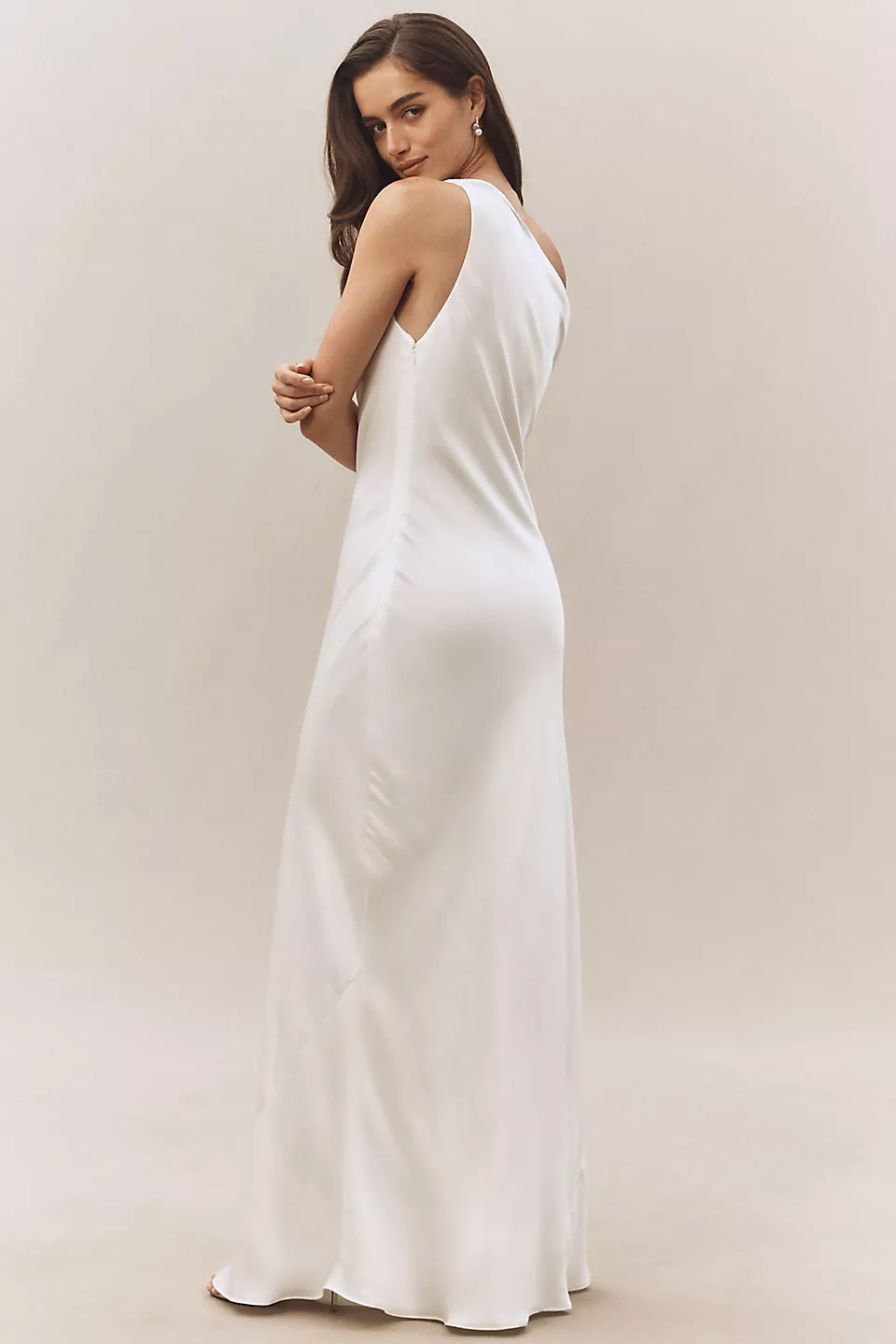 Off-The-Shoulder High-Shine Satin Maxi Dress - White