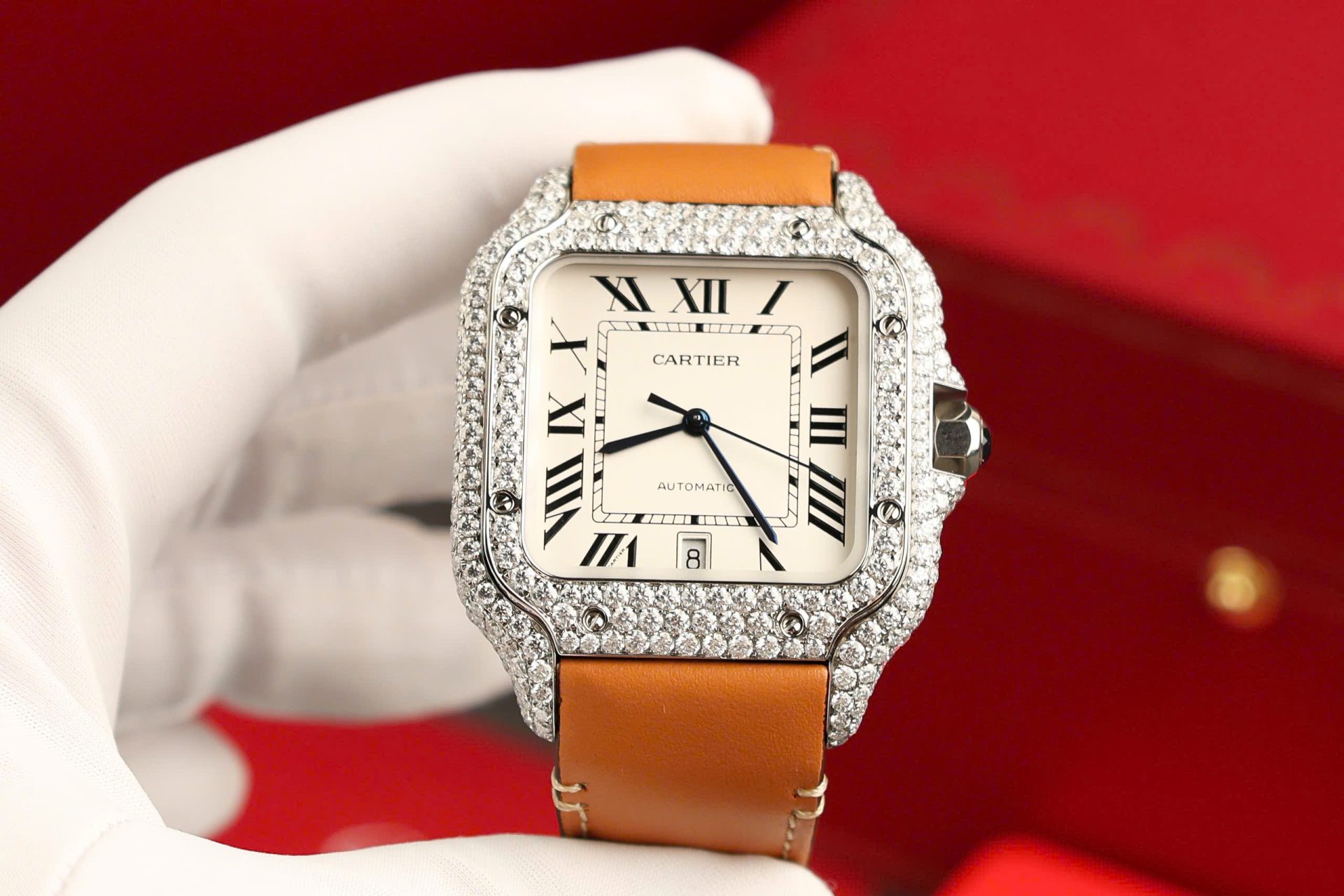 Cartier Santos White Dial Copies Watches Custom Diamonds Moissanite BVF 39.8mm - Elite Watch Atelier