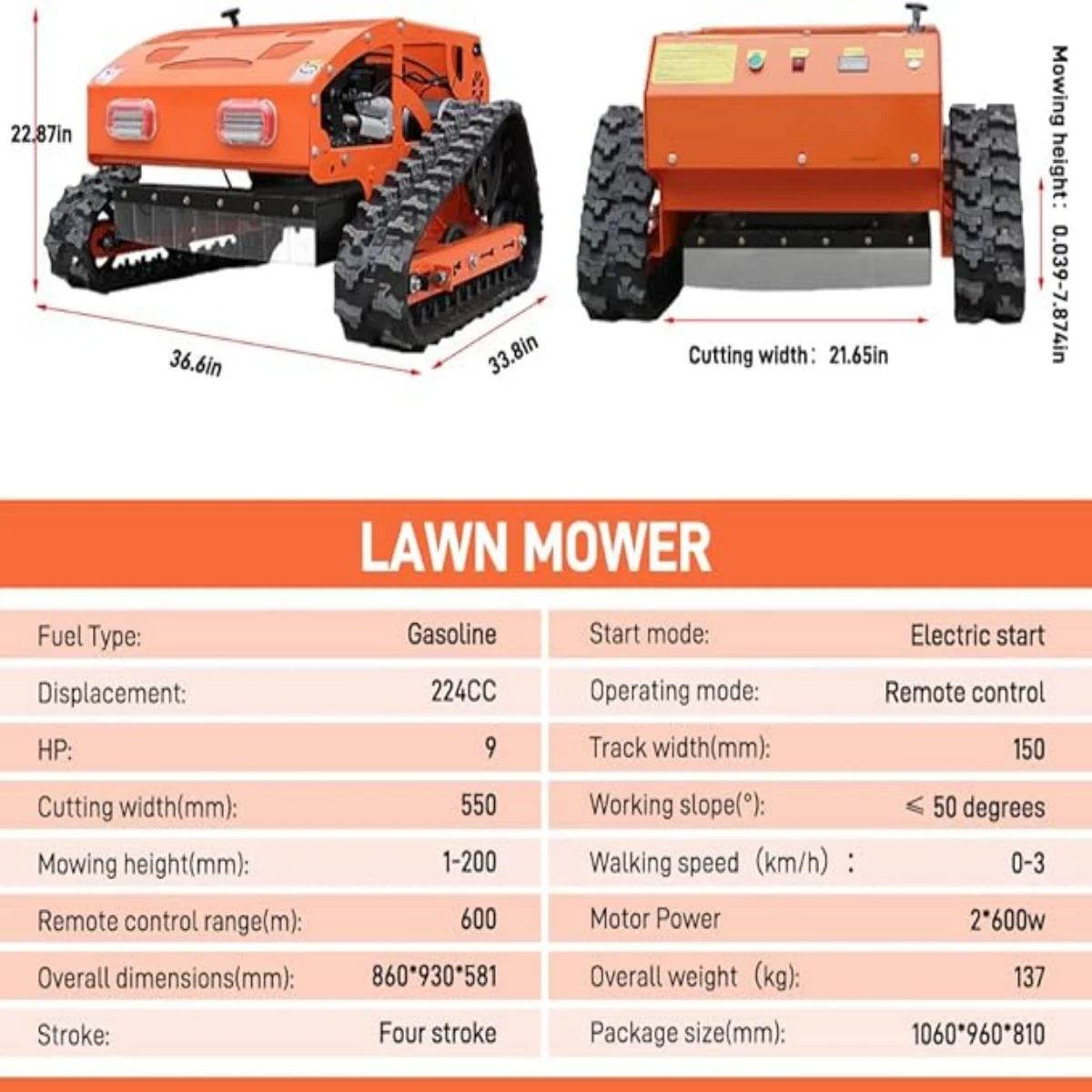 MachPro 300 lbs 9 HP Orange Remote Control Lawn, Mower Manganese Steel Blade, Adjustable Cutting Height, Speed, All Terrain Cordless Grass Cutter - Image 2