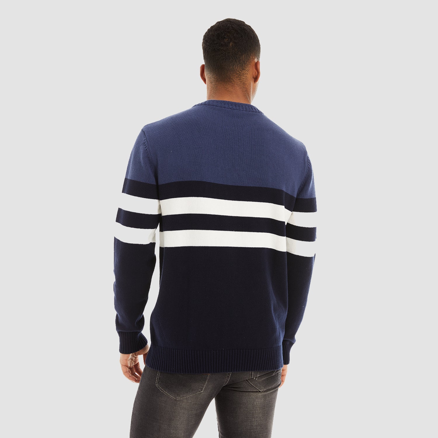 Men's Crewneck Sweater Soft Thermal Knitted Sweatshirt Color Block Striped