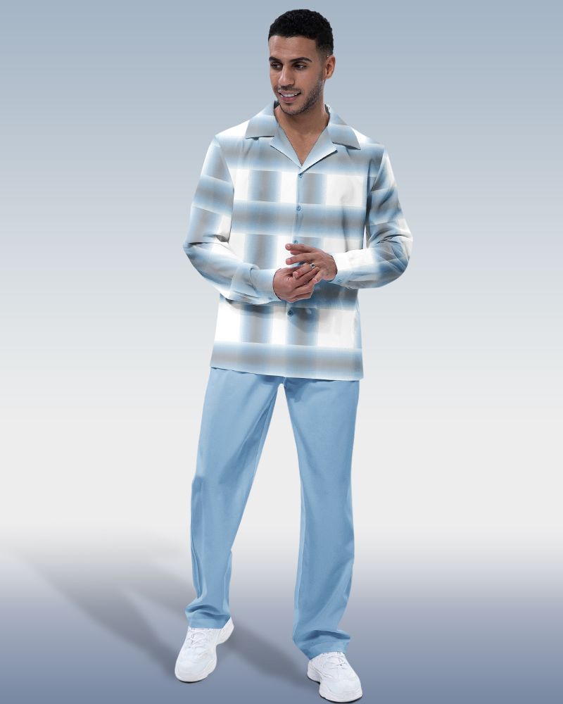 Suitmens Men's Blue Plaid Long Sleeve Walking Suit